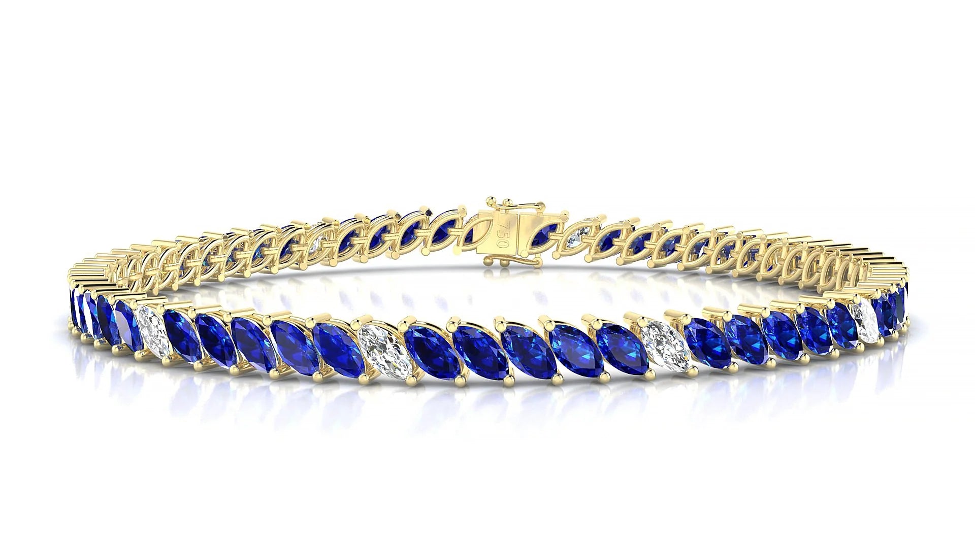 Venezia 5-1 | 18k Yellow Gold 5 x 2.5 mm Marquise Natural Sapphire & Diamond 18 cm Tennis Bracelet