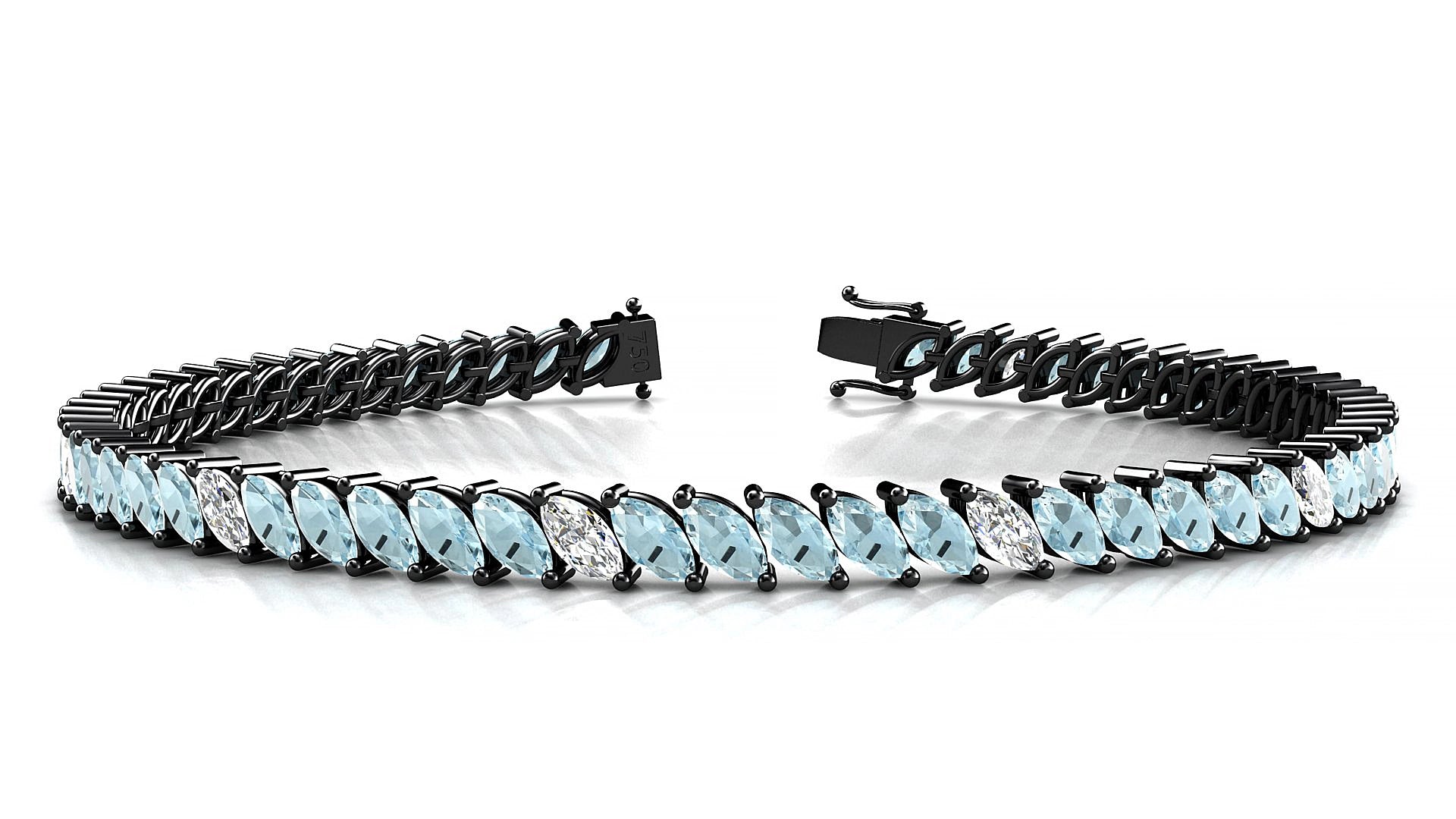 Venezia 5-1 | 18k Black Gold 5 x 2.5 mm Marquise Natural Aquamarine & Diamond 15 cm Tennis Bracelet