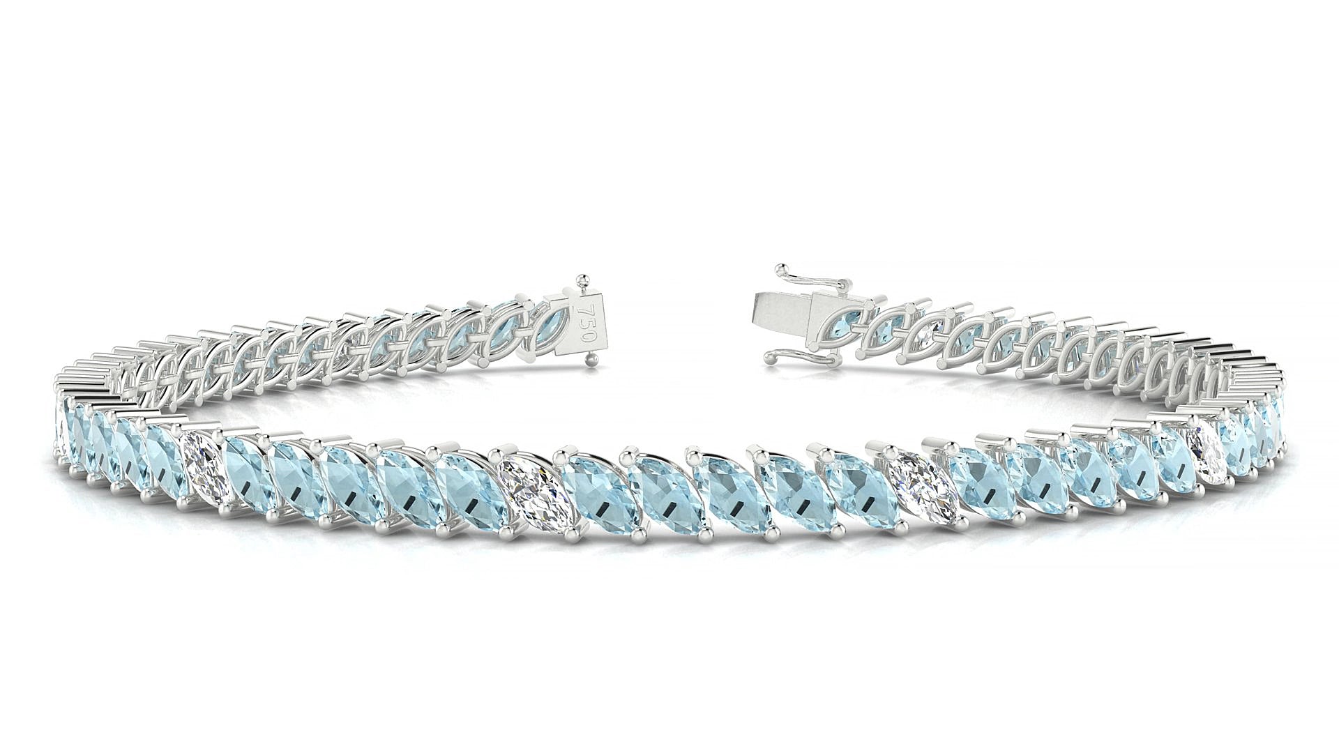 Venezia 5-1 | 18k White Gold 5 x 2.5 mm Marquise Natural Aquamarine & Diamond 15 cm Tennis Bracelet