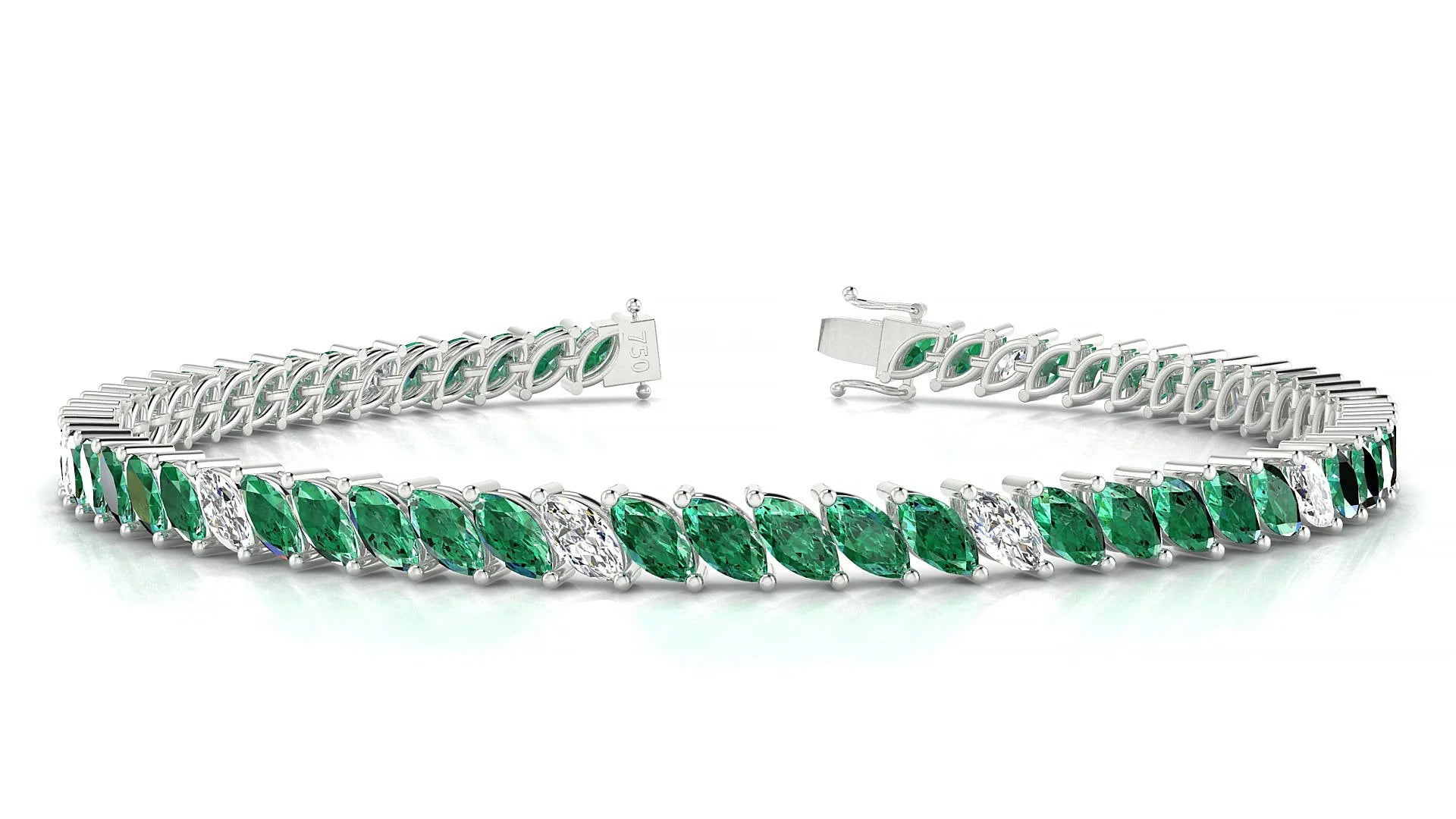 Venezia 5-1 | 18k White Gold 5 x 2.5 mm Marquise Natural Emerald & Diamond 18 cm Tennis Bracelet