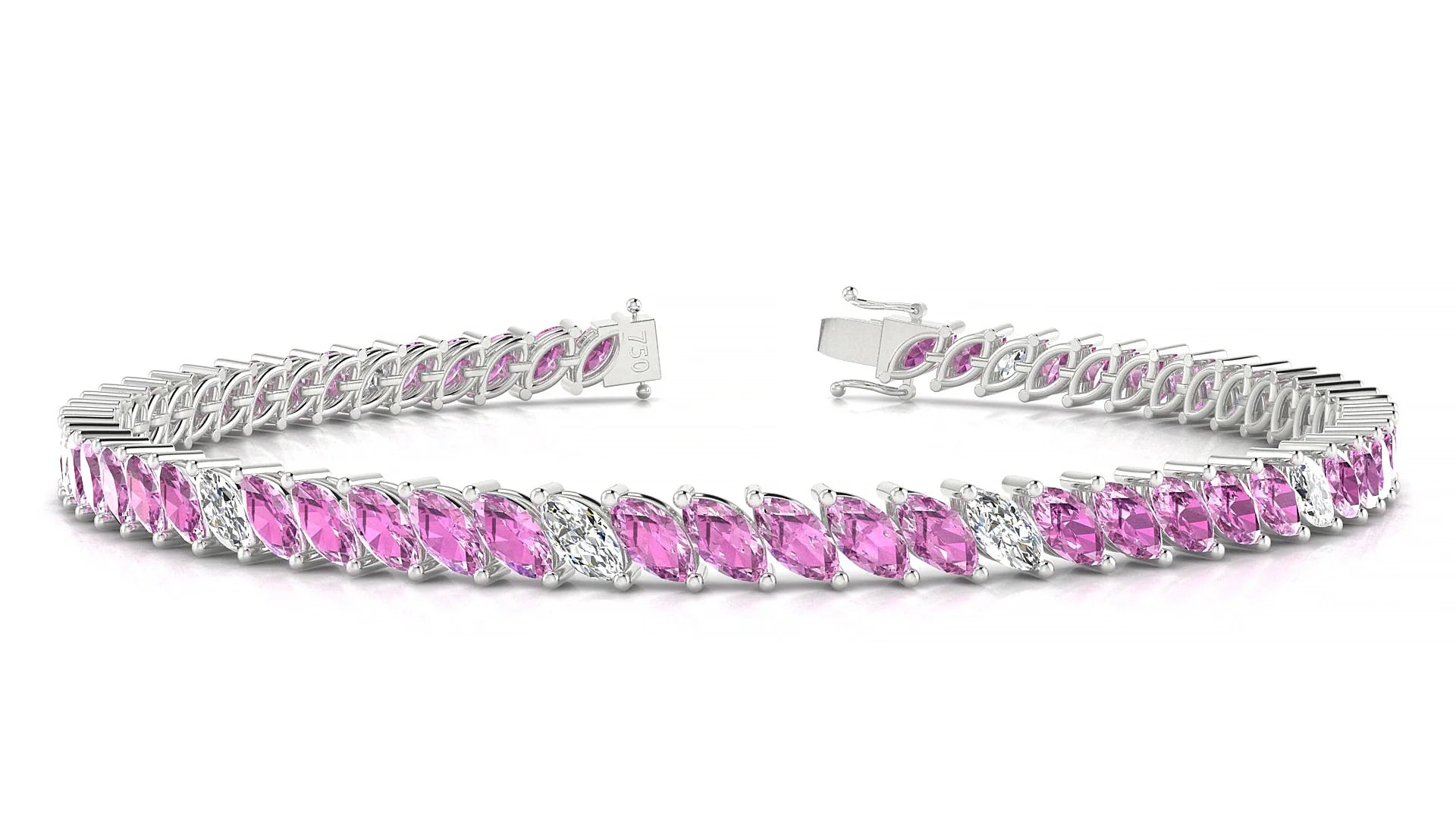 Venezia 5-1 | 18k White Gold 5 x 2.5 mm Marquise Natural Pink Sapphire & Diamond 18 cm Tennis Bracelet