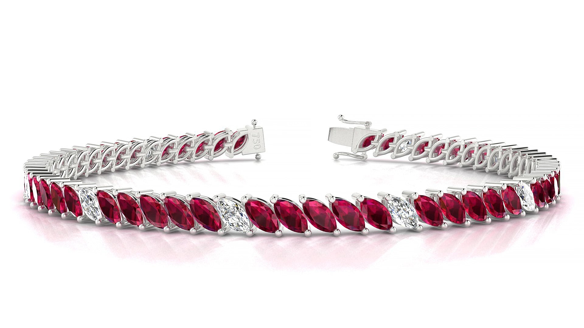 Venezia 5-1 | 18k White Gold 5 x 2.5 mm Marquise Natural Ruby & Diamond 15 cm Tennis Bracelet