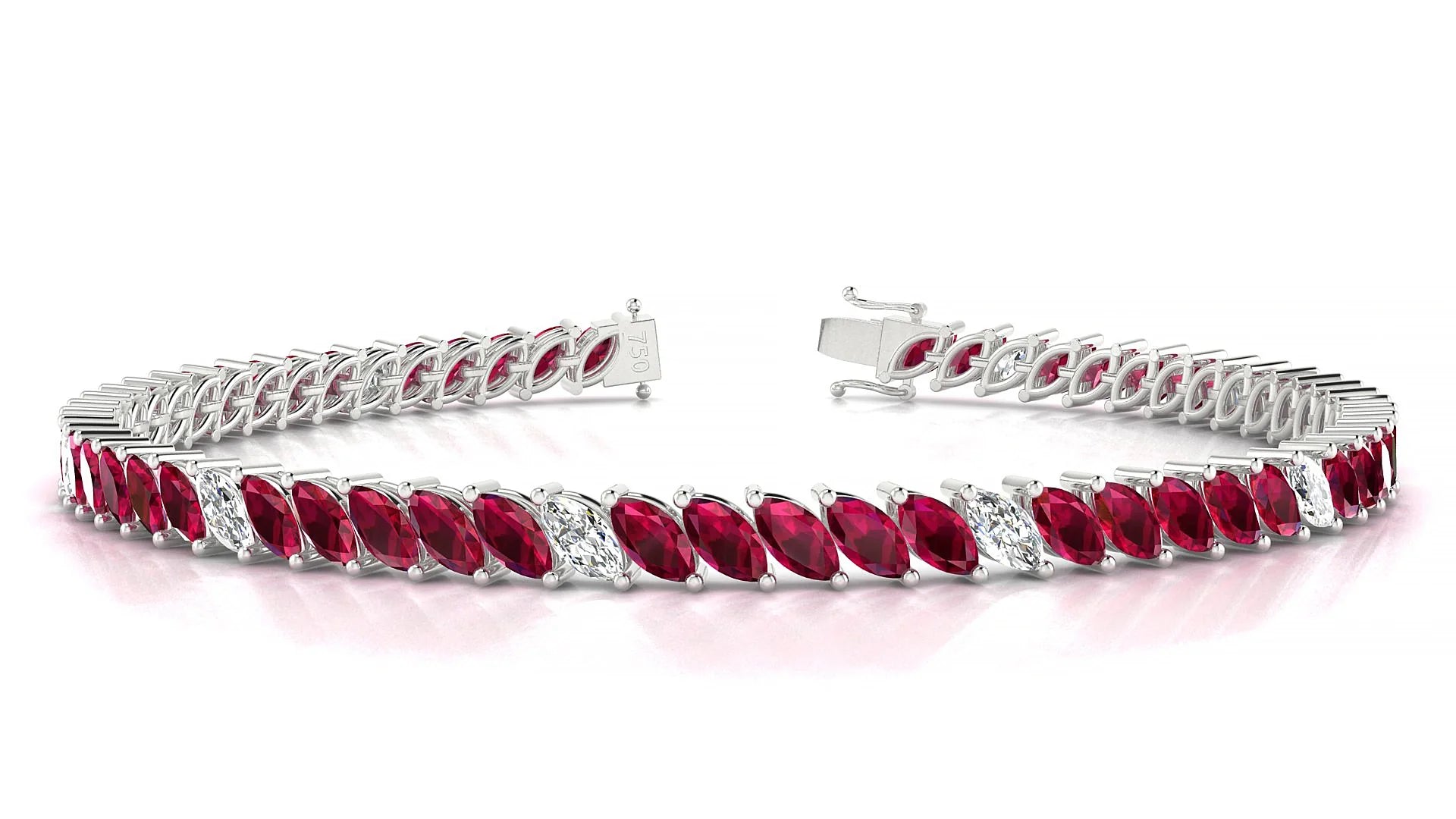 Venezia 5-1 | 18k White Gold 5 x 2.5 mm Marquise Natural Ruby & Diamond 18 cm Tennis Bracelet