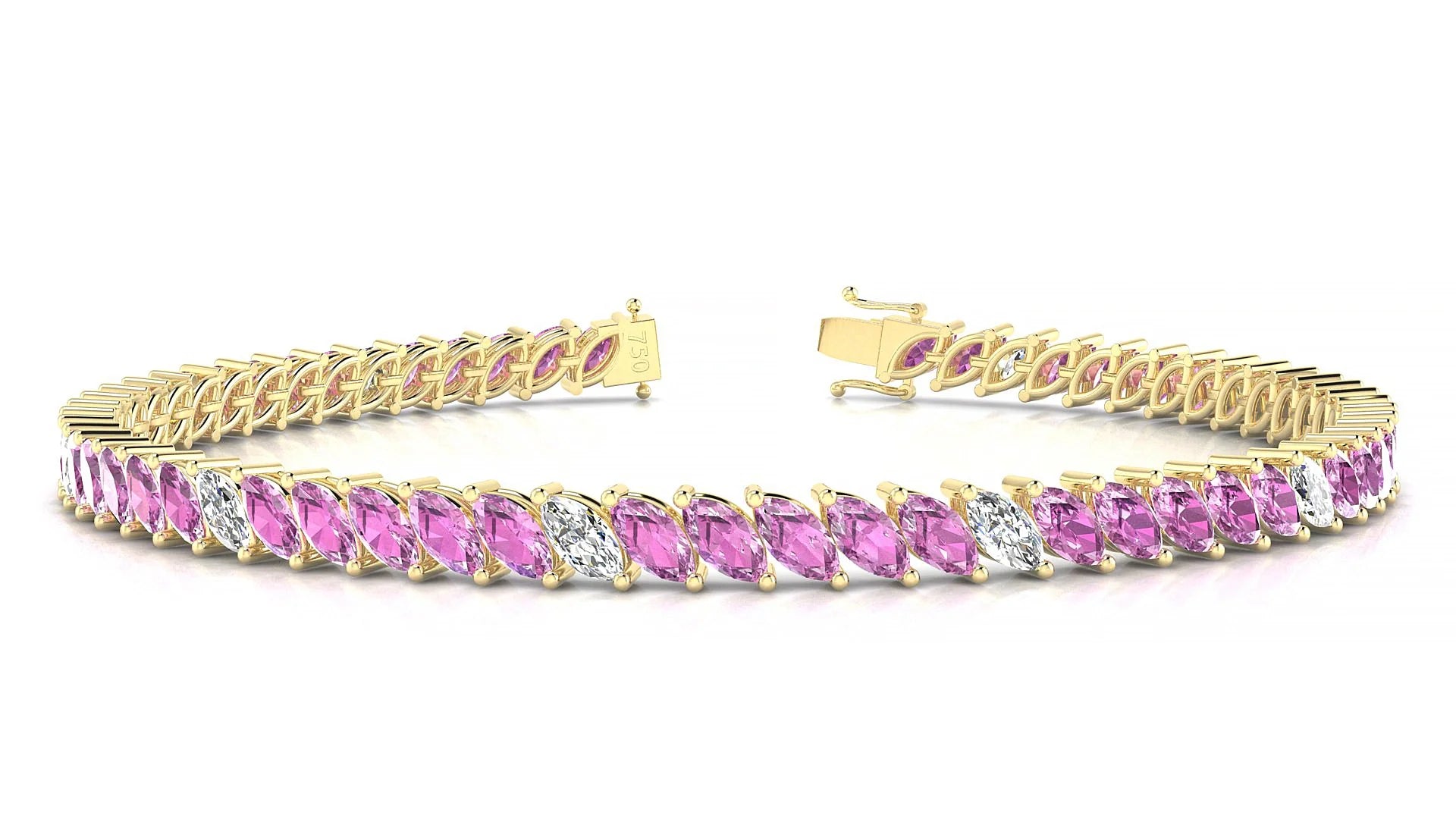 Venezia 5-1 | 18k Yellow Gold 5 x 2.5 mm Marquise Natural Pink Sapphire & Diamond 18 cm Tennis Bracelet