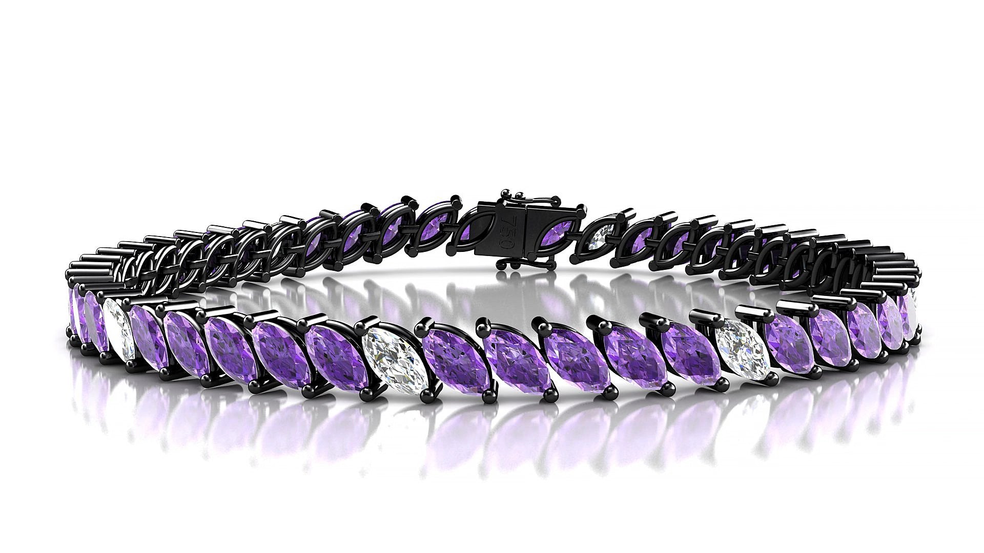 Venezia 5-1 | 18k Black Gold 6 x 3 mm Marquise Natural Amethyst & Diamond 15 cm Tennis Bracelet