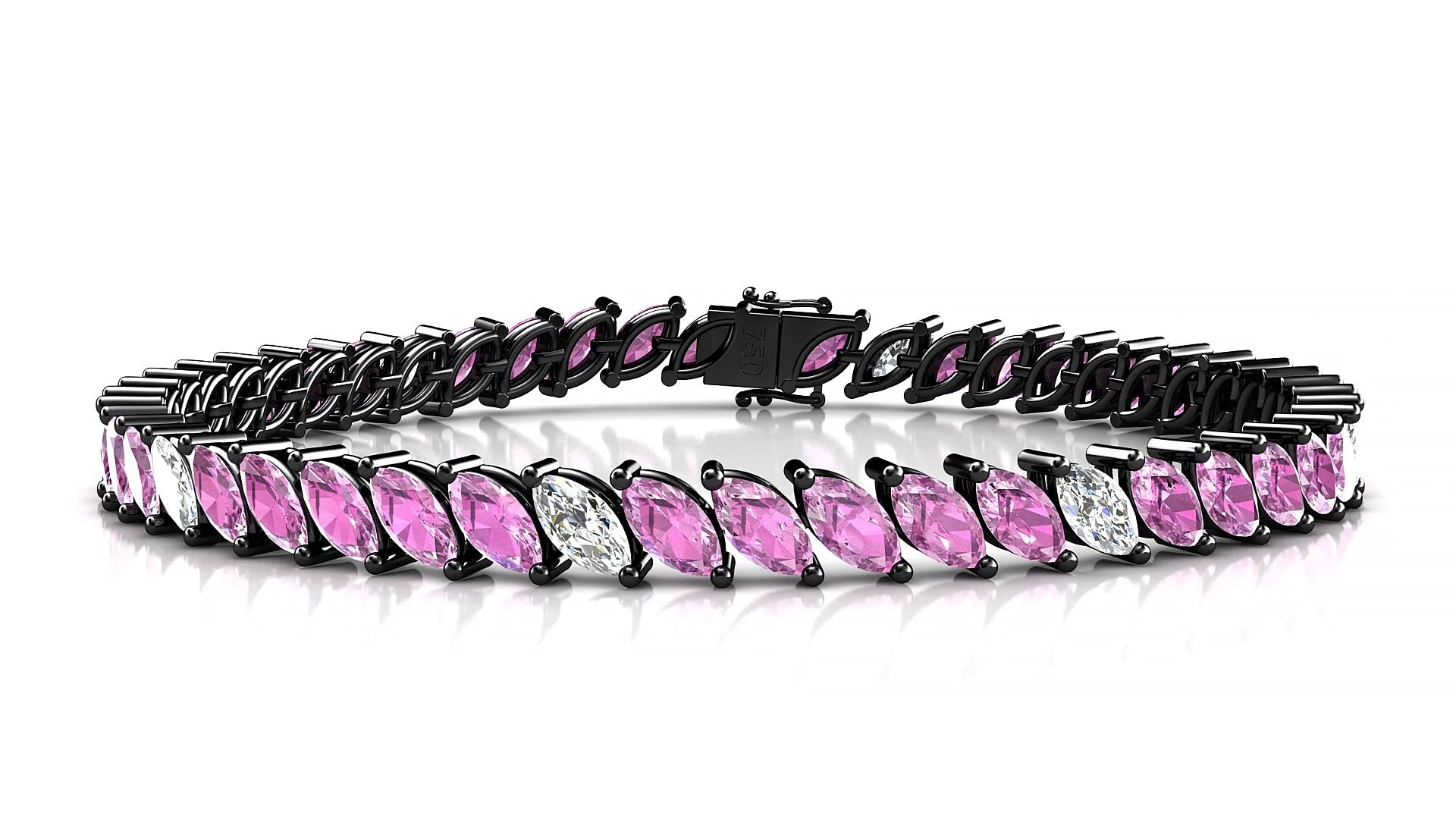Venezia 5-1 | 18k Black Gold 6 x 3 mm Marquise Natural Pink Sapphire & Diamond 18 cm Tennis Bracelet