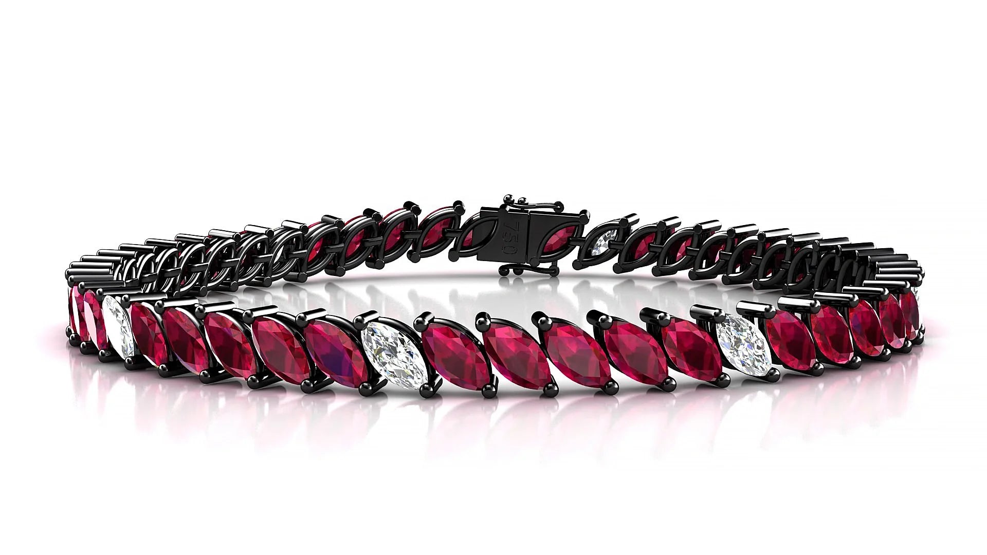 Venezia 5-1 | 18k Black Gold 6 x 3 mm Marquise Natural Ruby & Diamond 18 cm Tennis Bracelet