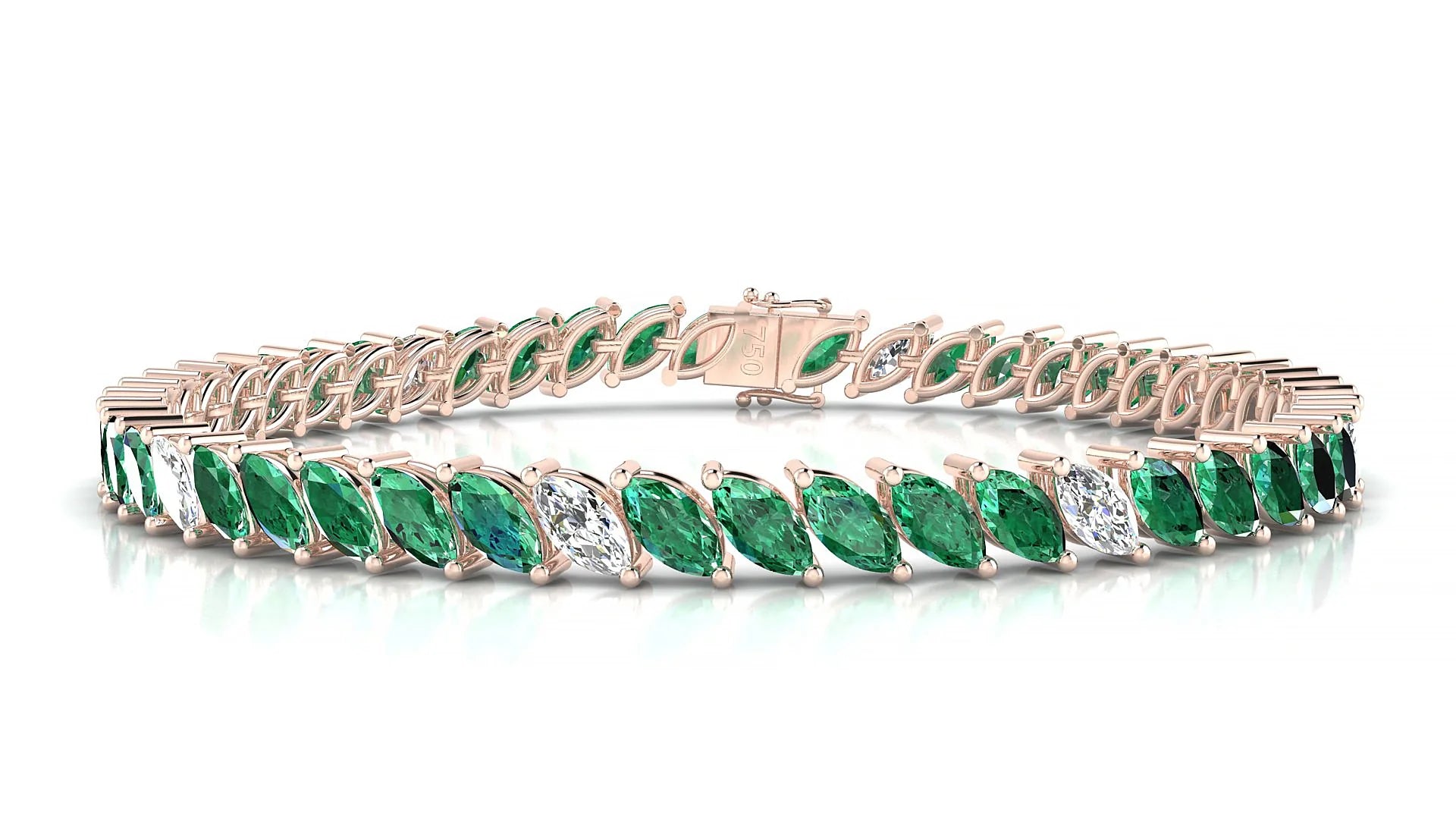 Venezia 5-1 | 18k Rose Gold 6 x 3 mm Marquise Natural Emerald & Diamond 18 cm Tennis Bracelet