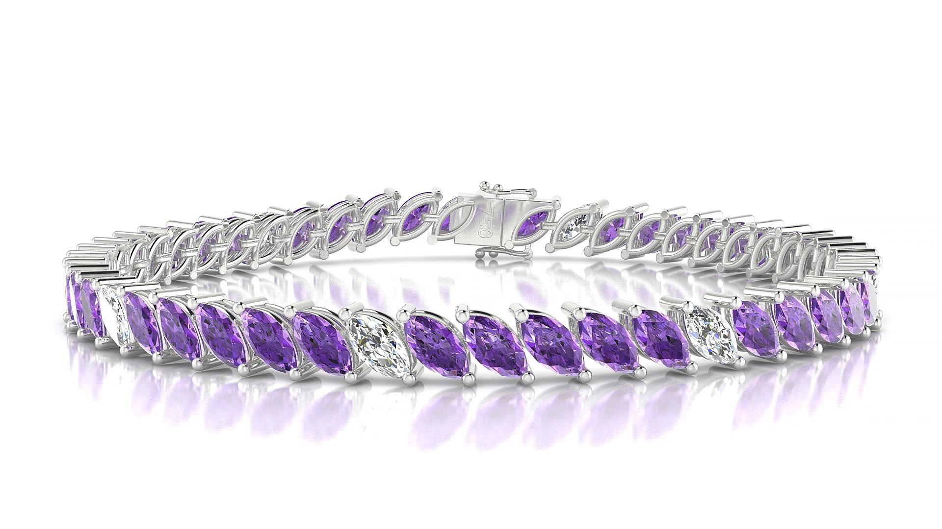 Venezia 5-1 | 18k White Gold 6 x 3 mm Marquise Natural Amethyst & Diamond 15 cm Tennis Bracelet