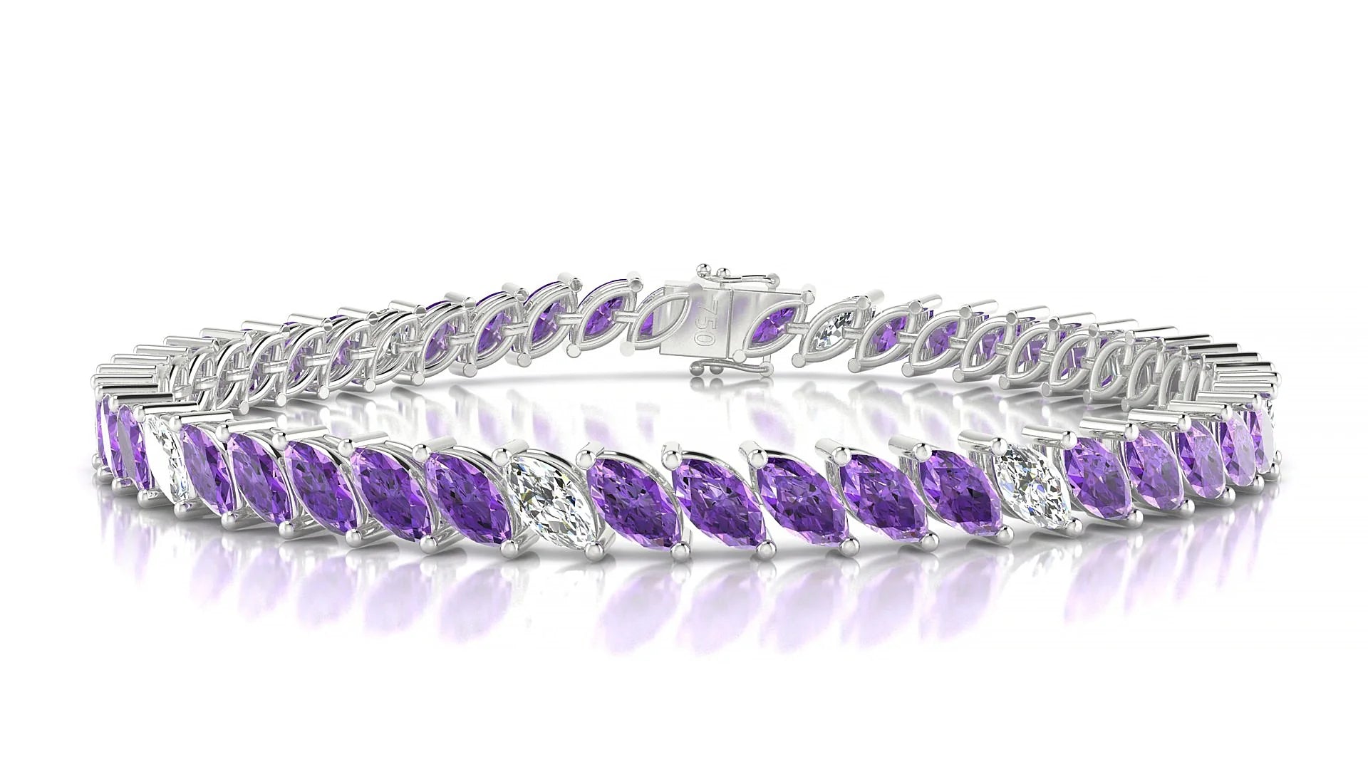 Venezia 5-1 | 18k White Gold 6 x 3 mm Marquise Natural Amethyst & Diamond Tennis Bracelet