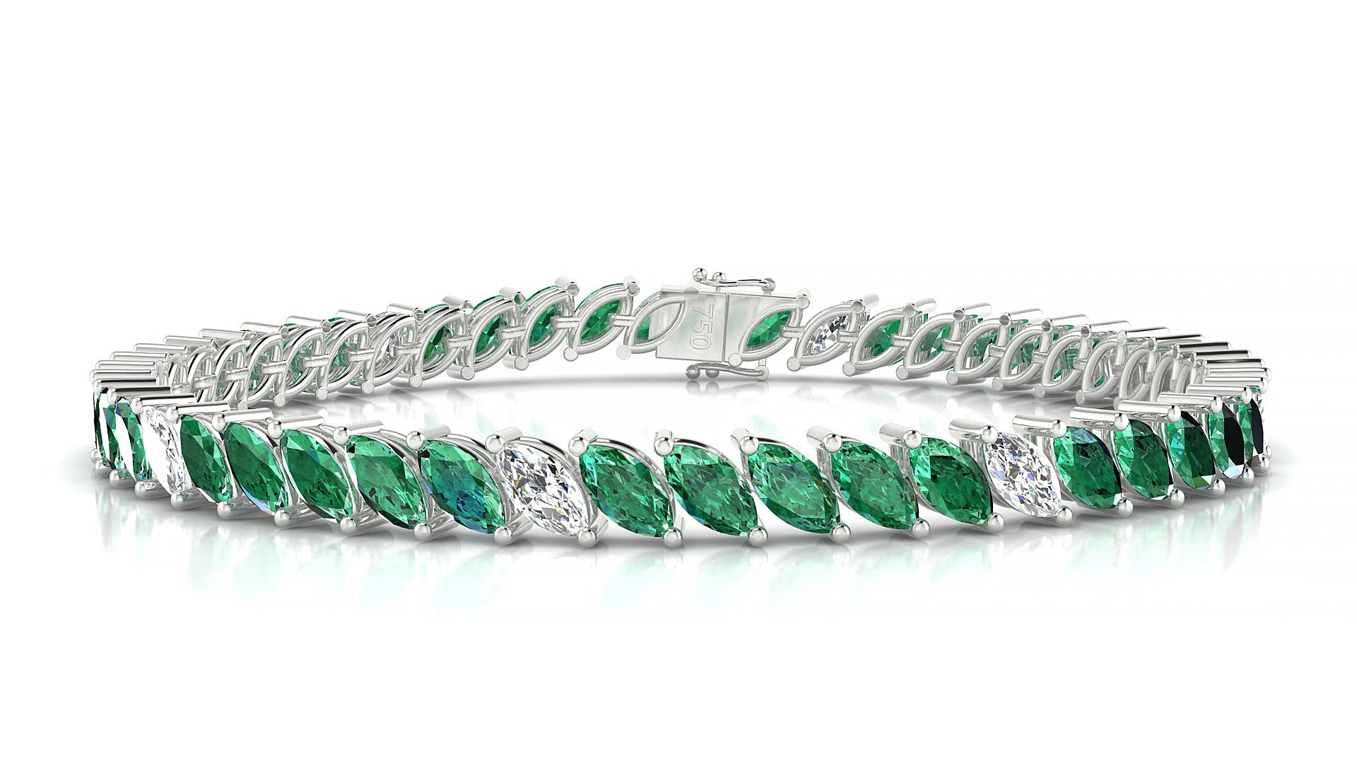 Venezia 5-1 | 18k White Gold 6 x 3 mm Marquise Natural Emerald & Diamond 15 cm Tennis Bracelet
