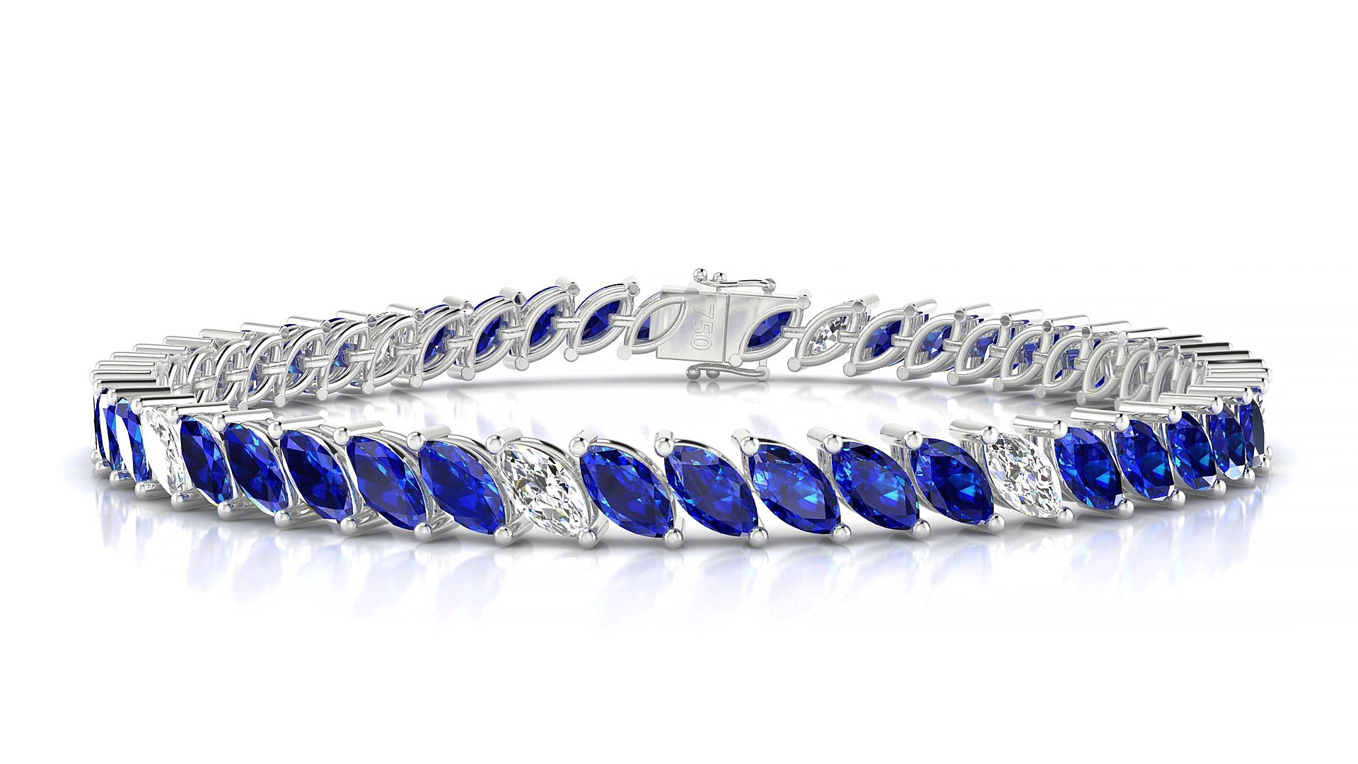Venezia 5-1 | 18k White Gold 6 x 3 mm Marquise Natural Sapphire & Diamond 15 cm Tennis Bracelet