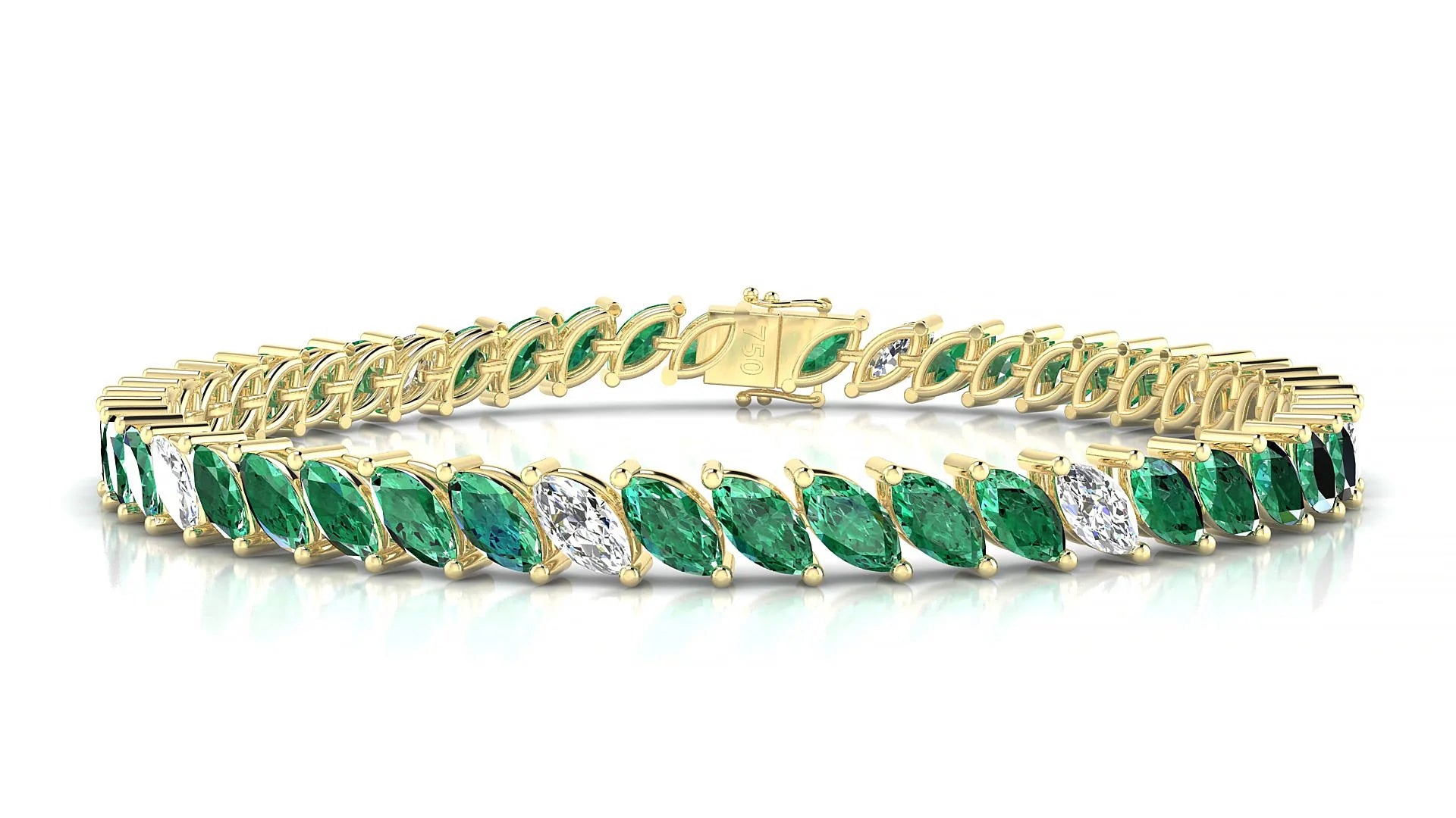 Venezia 5-1 | 18k Yellow Gold 6 x 3 mm Marquise Natural Emerald & Diamond 18 cm Tennis Bracelet