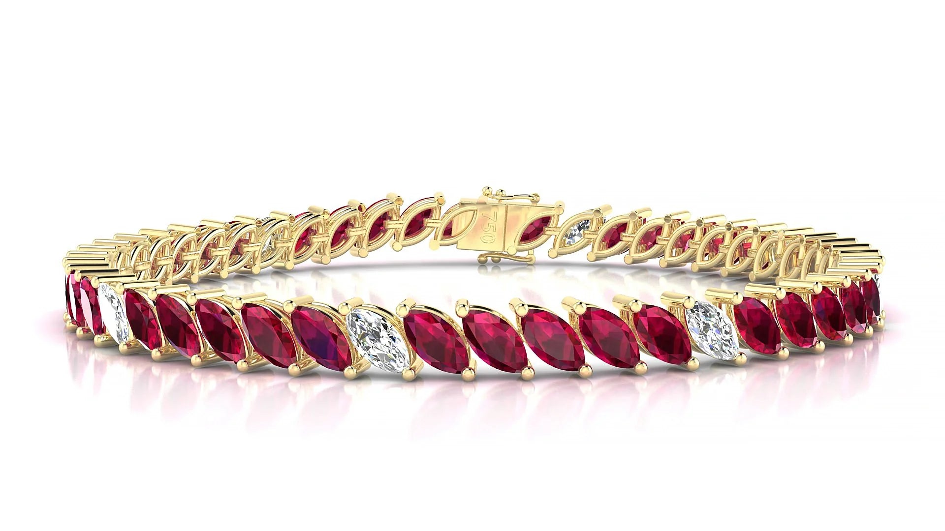 Venezia 5-1 | 18k Yellow Gold 6 x 3 mm Marquise Natural Ruby & Diamond 18 cm Tennis Bracelet