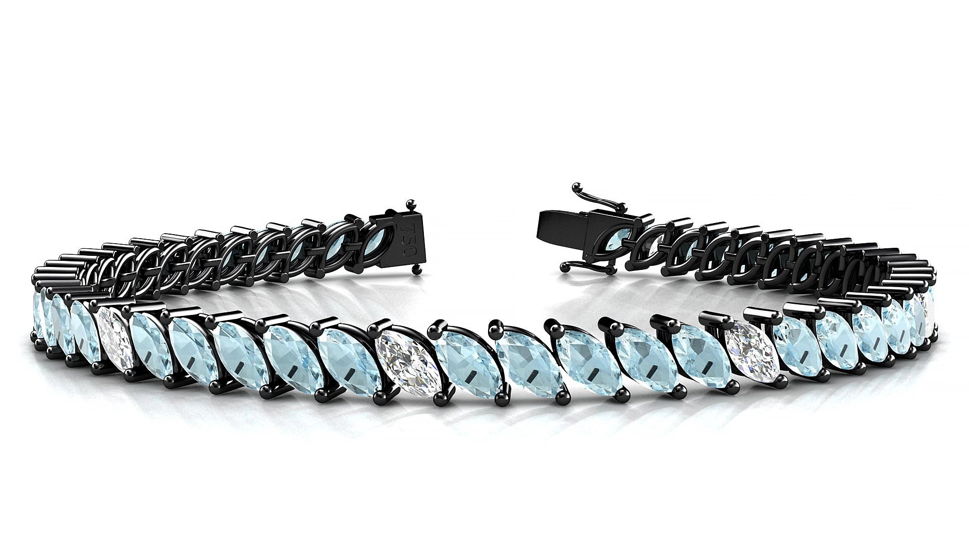Venezia 5-1 | 18k Black Gold 6 x 3 mm Marquise Natural Aquamarine & Diamond 15 cm Tennis Bracelet