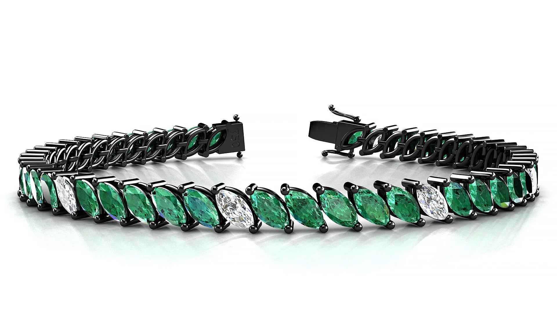 Venezia 5-1 | 18k Black Gold 6 x 3 mm Marquise Natural Emerald & Diamond 18 cm Tennis Bracelet