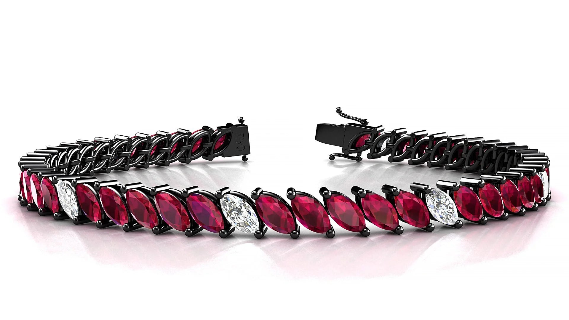 Venezia 5-1 | 18k Black Gold 6 x 3 mm Marquise Natural Ruby & Diamond 18 cm Tennis Bracelet