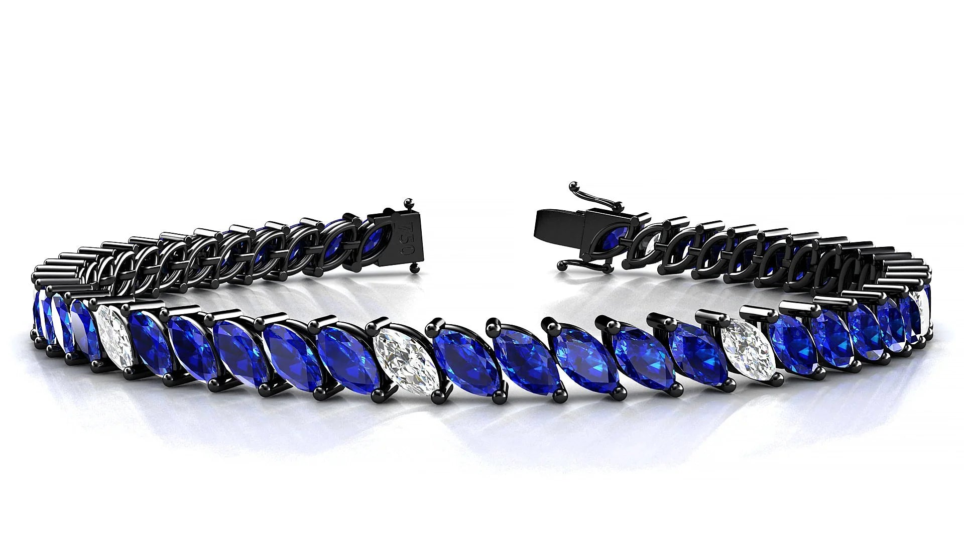 Venezia 5-1 | 18k Black Gold 6 x 3 mm Marquise Natural Sapphire & Diamond 18 cm Tennis Bracelet