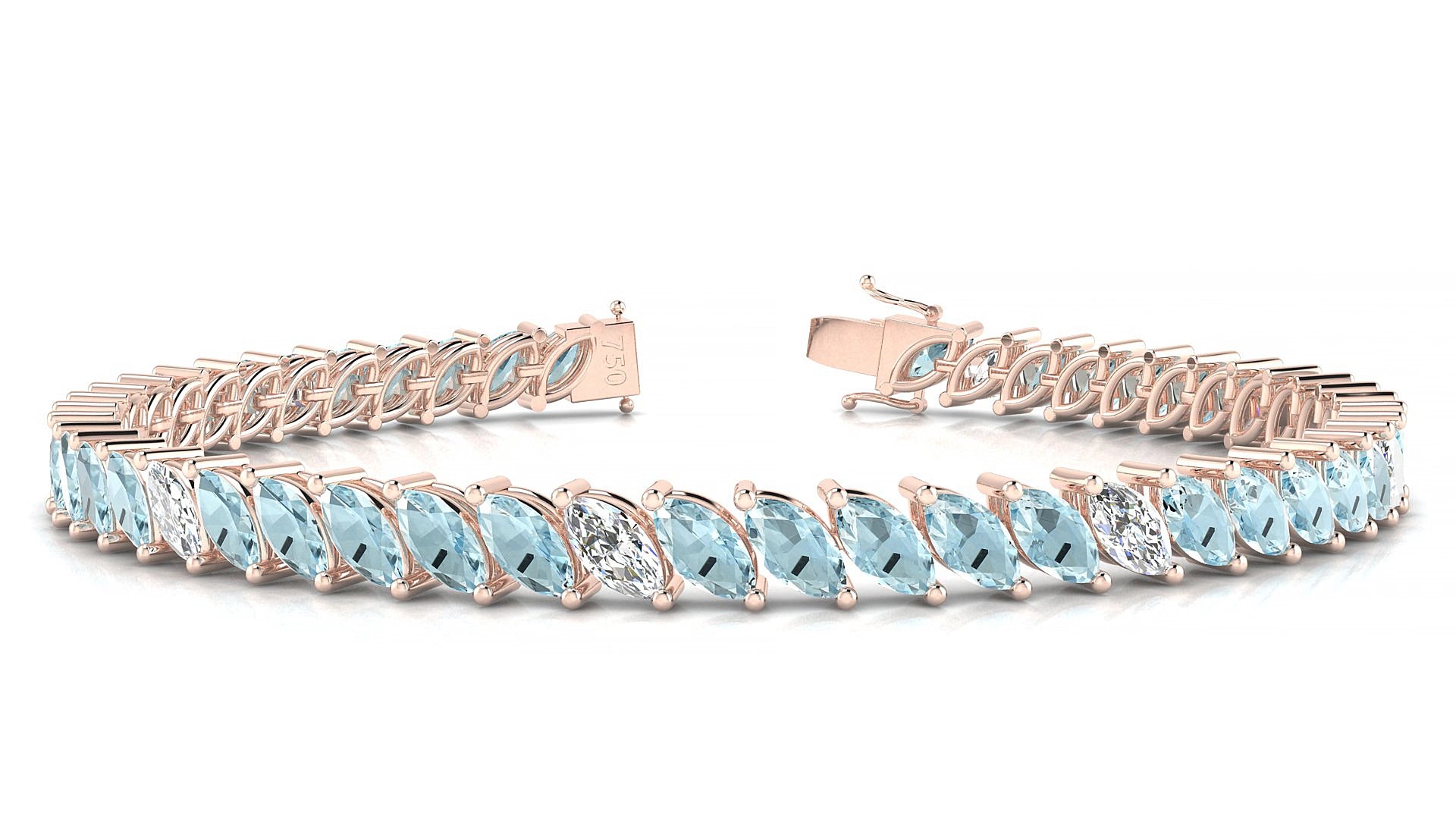 Venezia 5-1 | 18k Rose Gold 6 x 3 mm Marquise Natural Aquamarine & Diamond 15 cm Tennis Bracelet