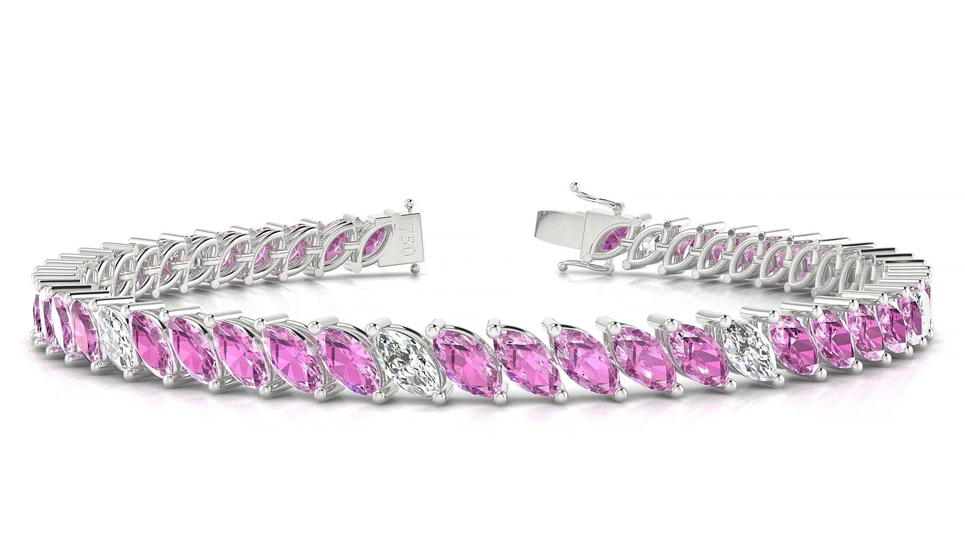 Venezia 5-1 | 18k White Gold 6 x 3 mm Marquise Natural Pink Sapphire & Diamond 18 cm Tennis Bracelet