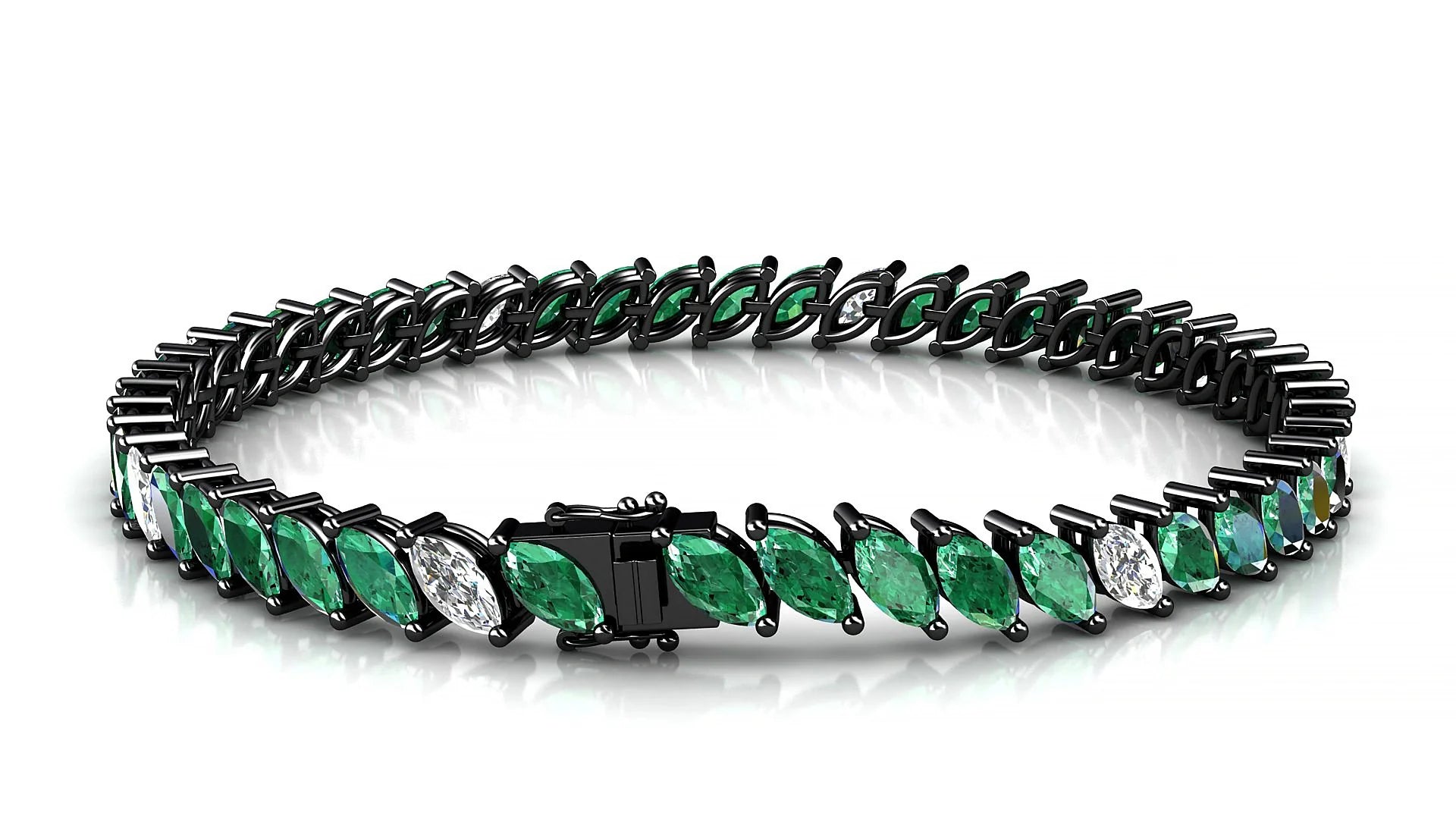 Venezia 5-1 | 18k Black Gold 6 x 3 mm Marquise Natural Emerald & Diamond 18 cm Tennis Bracelet
