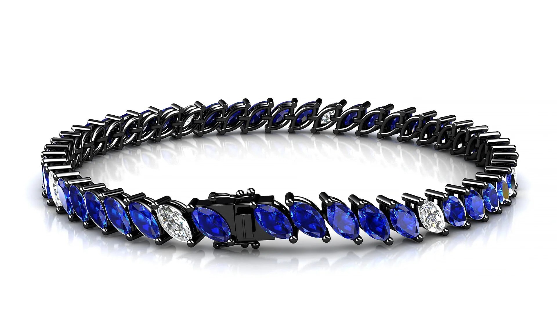Venezia 5-1 | 18k Black Gold 6 x 3 mm Marquise Natural Sapphire & Diamond 18 cm Tennis Bracelet