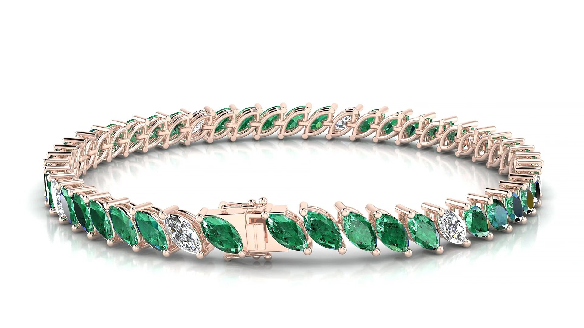 Venezia 5-1 | 18k Rose Gold 6 x 3 mm Marquise Natural Emerald & Diamond 18 cm Tennis Bracelet