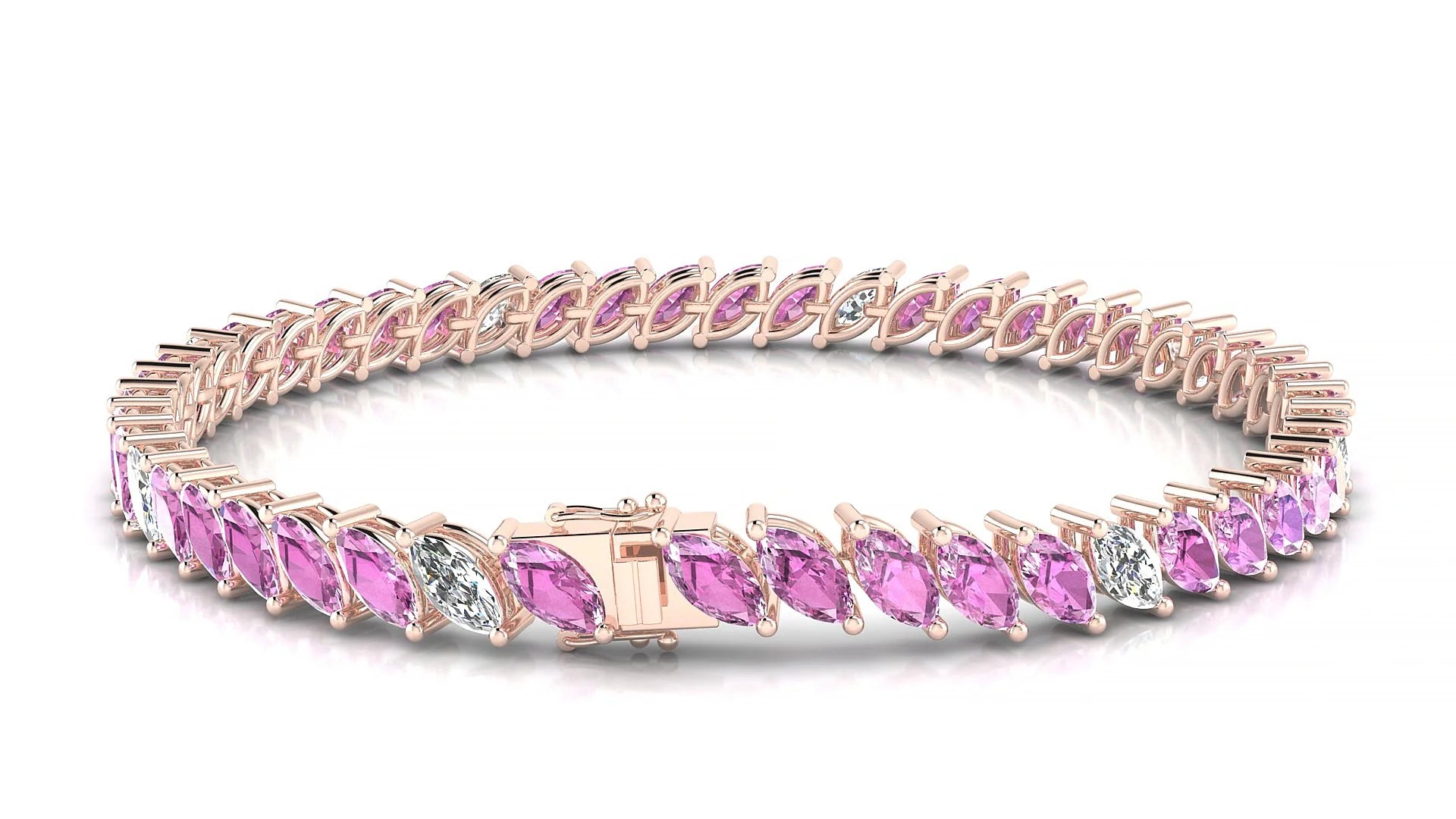 Venezia 5-1 | 18k Rose Gold 6 x 3 mm Marquise Natural Pink Sapphire & Diamond 18 cm Tennis Bracelet