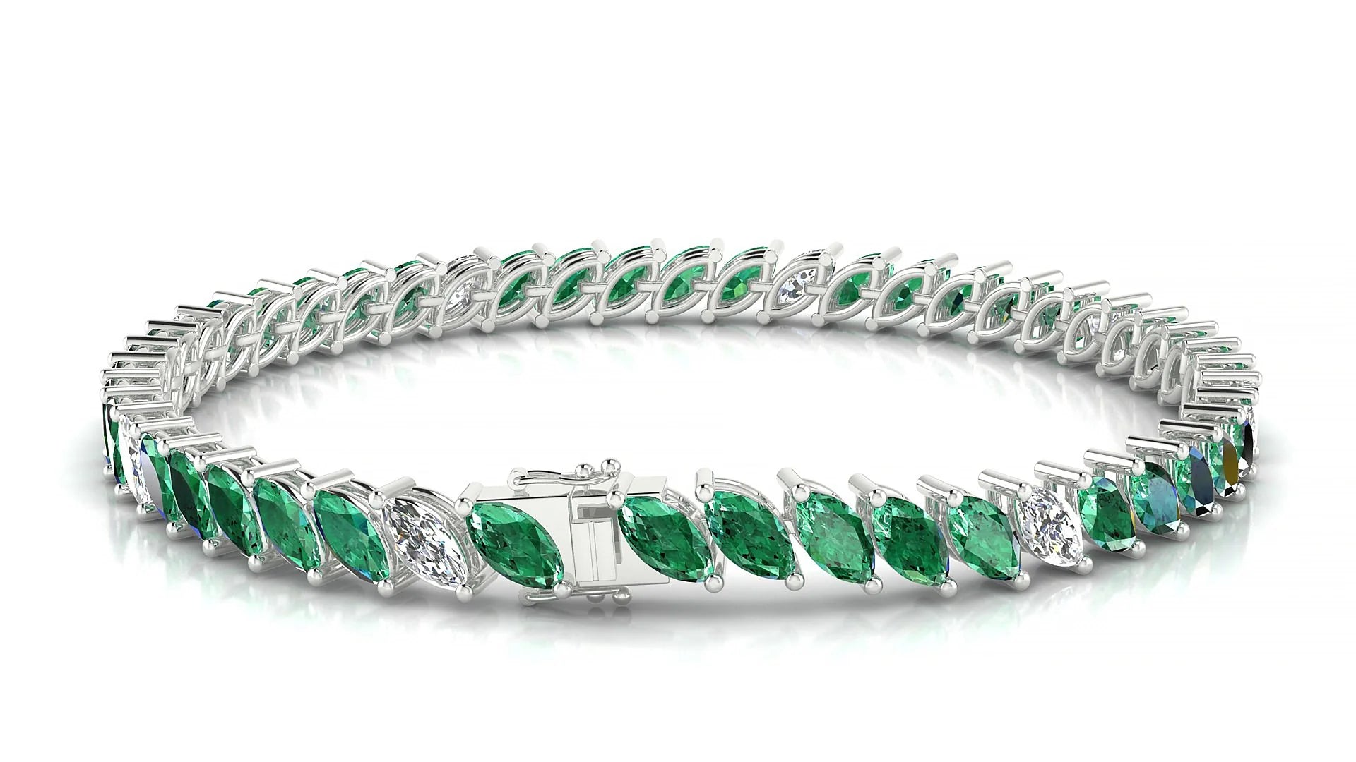 Venezia 5-1 | 18k White Gold 6 x 3 mm Marquise Natural Emerald & Diamond 18 cm Tennis Bracelet
