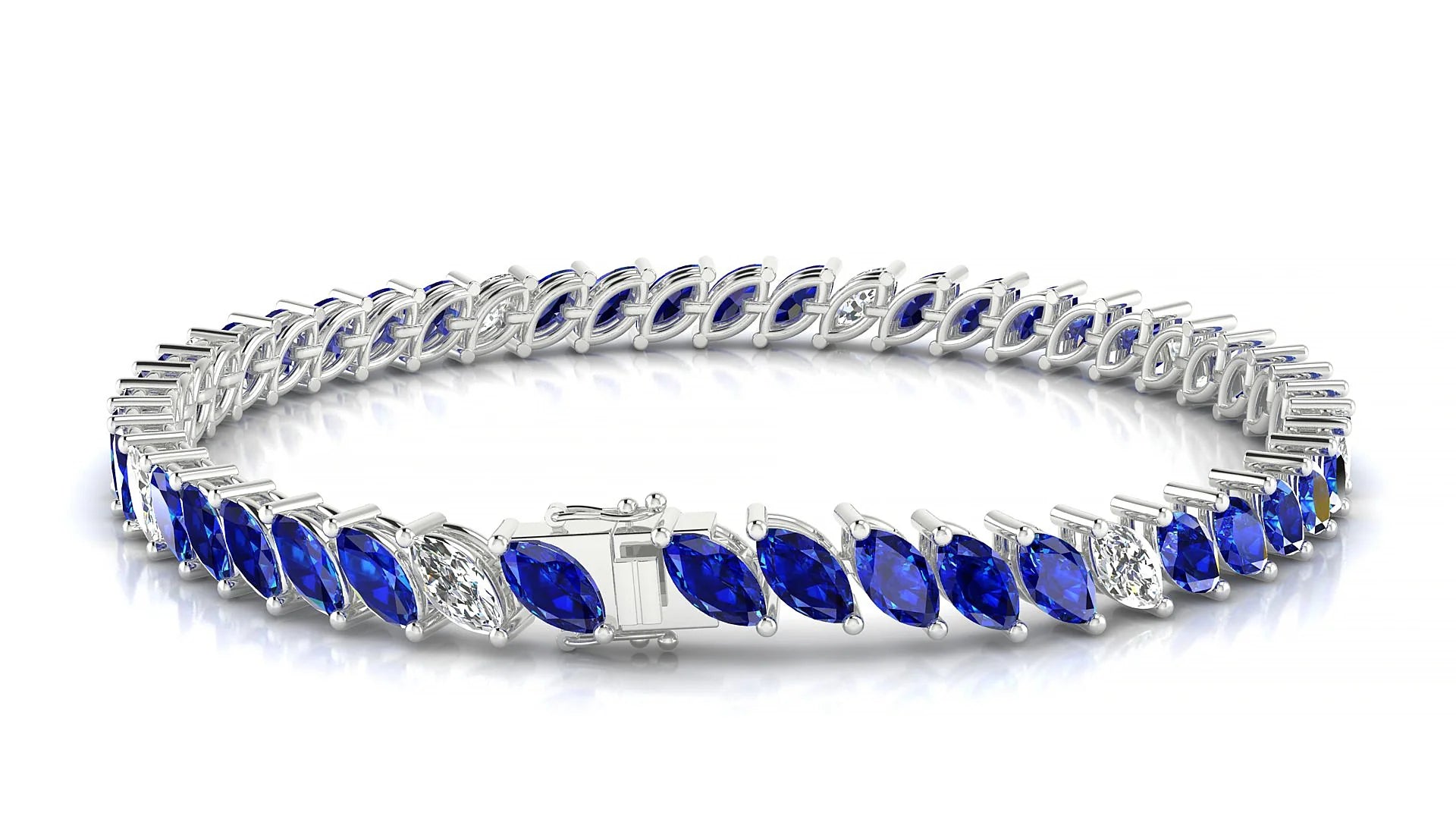 Venezia 5-1 | 18k White Gold 6 x 3 mm Marquise Natural Sapphire & Diamond 18 cm Tennis Bracelet