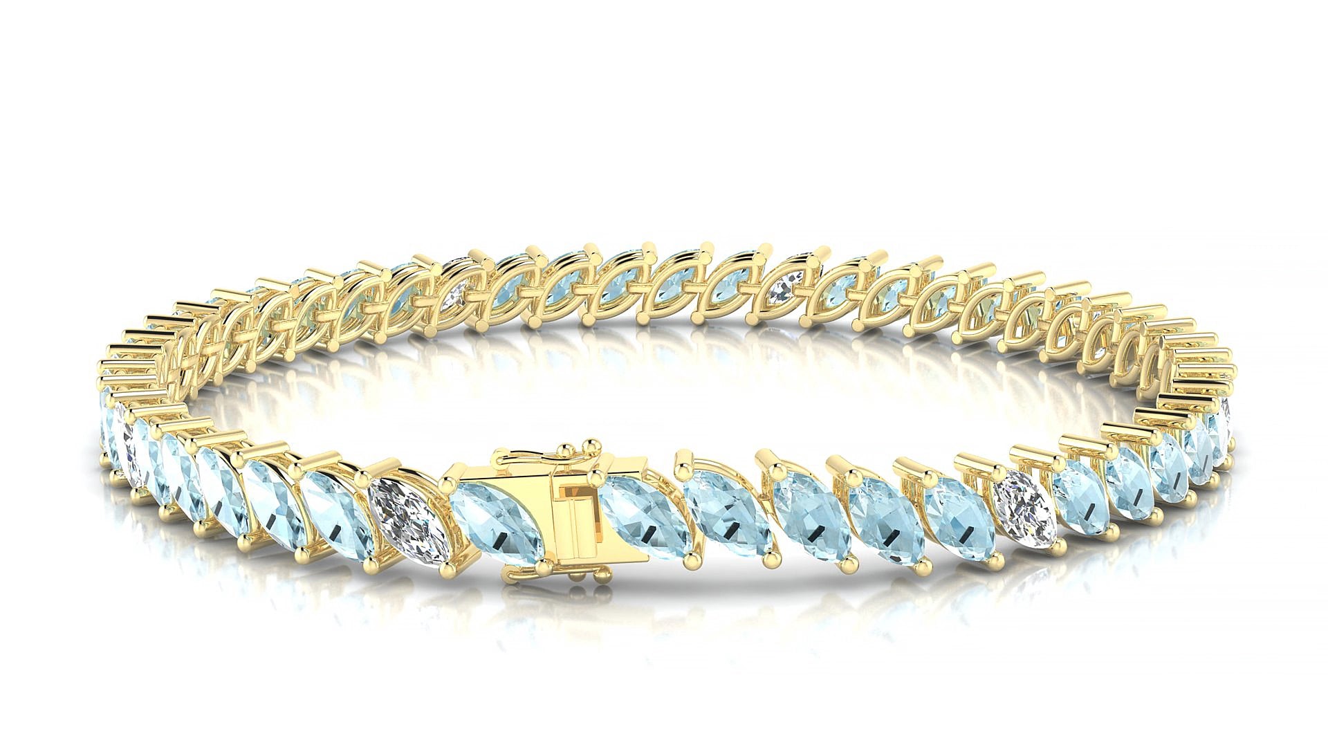 Venezia 5-1 | 18k Yellow Gold 6 x 3 mm Marquise Natural Aquamarine & Diamond 15 cm Tennis Bracelet