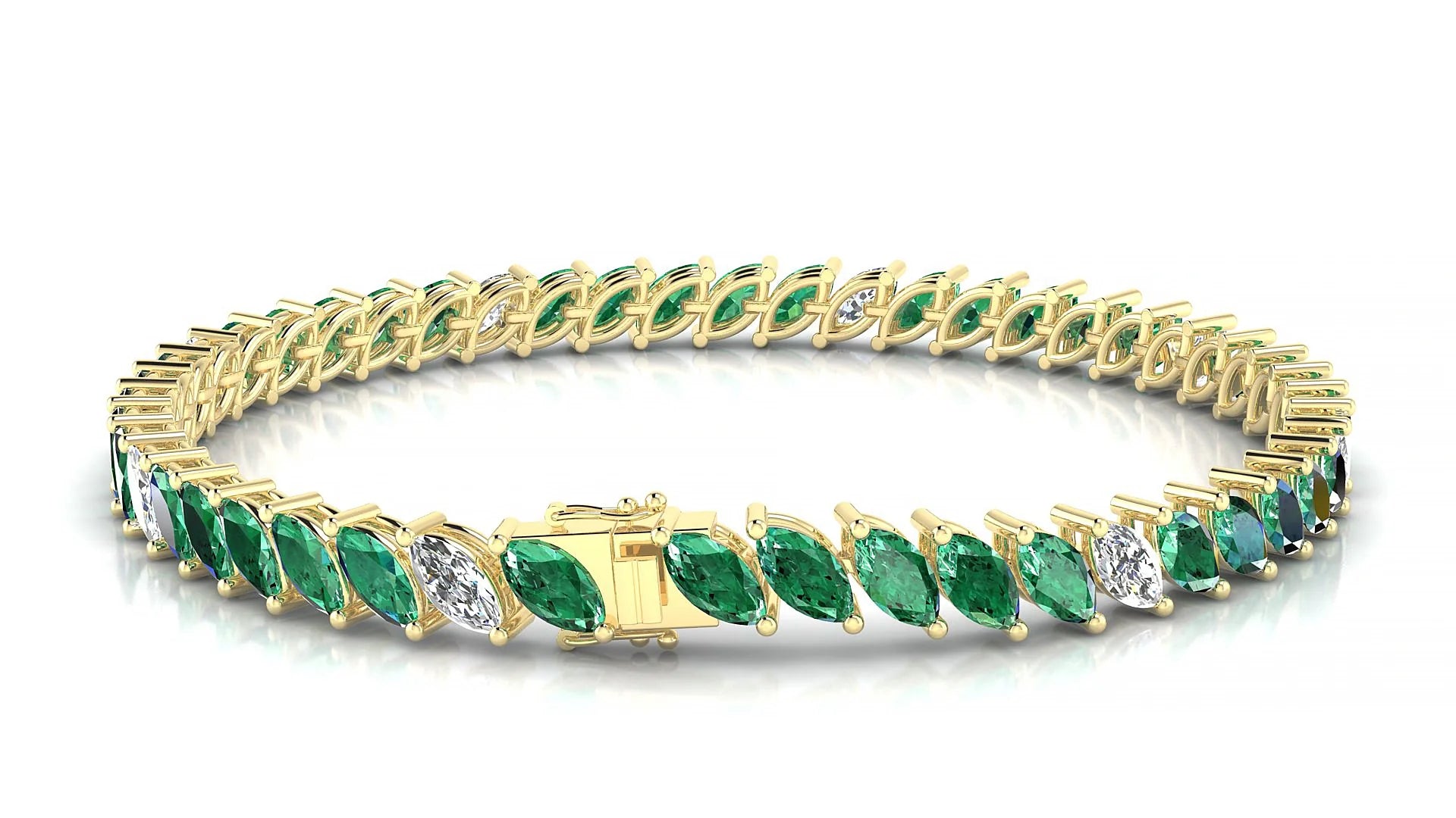 Venezia 5-1 | 18k Yellow Gold 6 x 3 mm Marquise Natural Emerald & Diamond 18 cm Tennis Bracelet