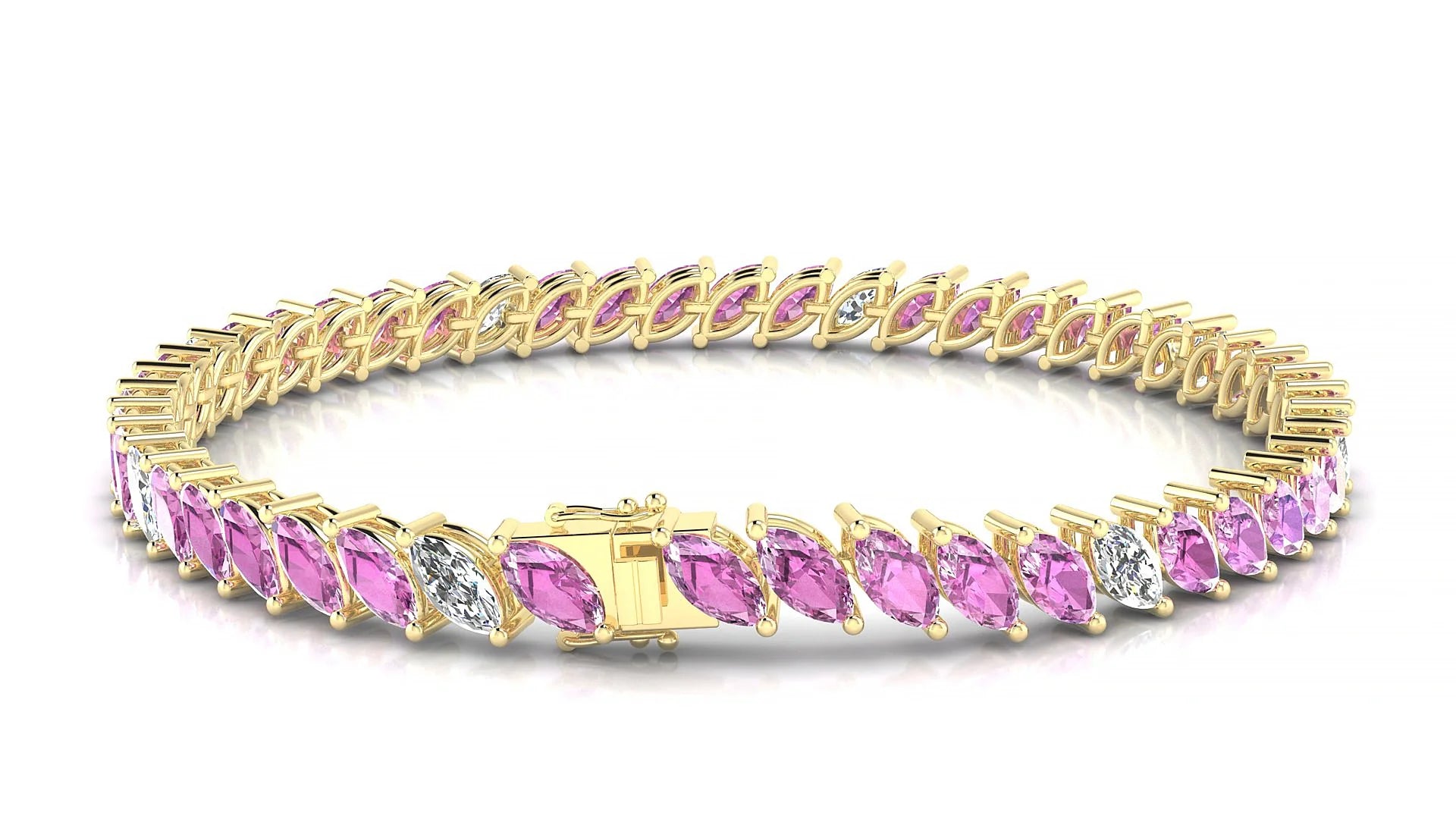 Venezia 5-1 | 18k Yellow Gold 6 x 3 mm Marquise Natural Pink Sapphire & Diamond 18 cm Tennis Bracelet