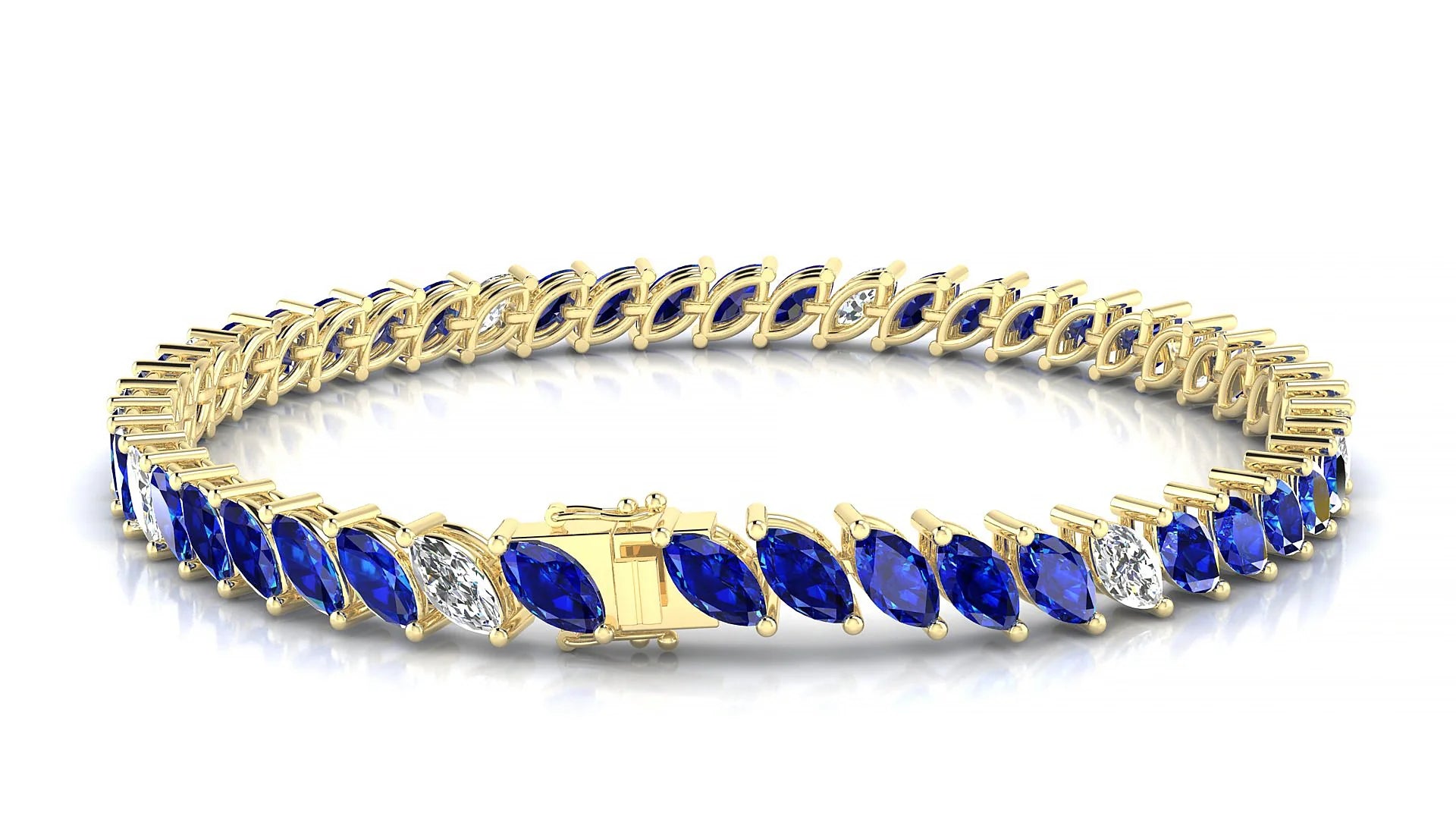 Venezia 5-1 | 18k Yellow Gold 6 x 3 mm Marquise Natural Sapphire & Diamond 18 cm Tennis Bracelet