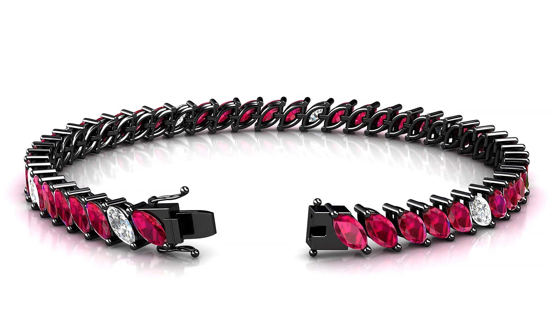 Venezia 5-1 | 18k Black Gold 6 x 3 mm Marquise Natural Ruby & Diamond 15 cm Tennis Bracelet