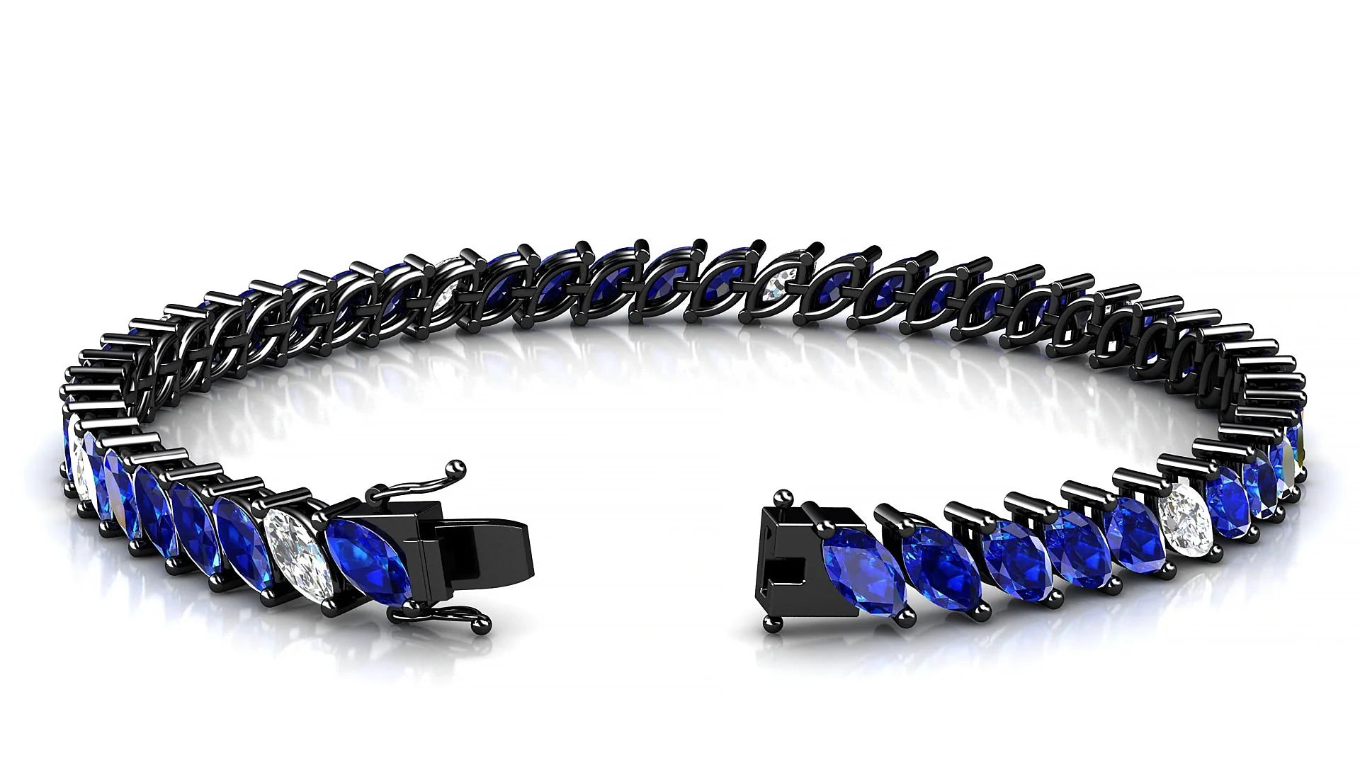 Venezia 5-1 | 18k Black Gold 6 x 3 mm Marquise Natural Sapphire & Diamond 18 cm Tennis Bracelet