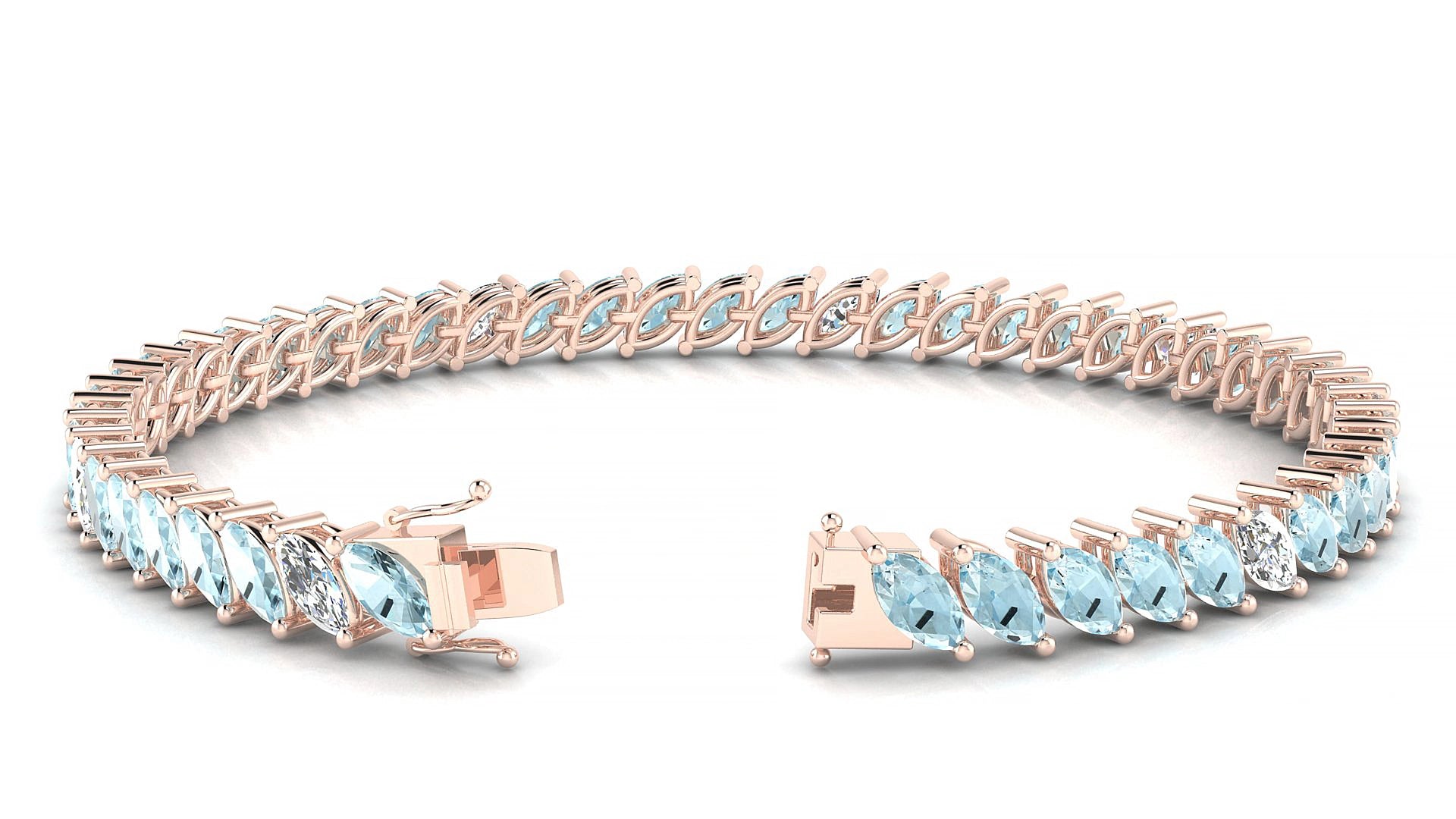 Venezia 5-1 | 18k Rose Gold 6 x 3 mm Marquise Natural Aquamarine & Diamond 15 cm Tennis Bracelet