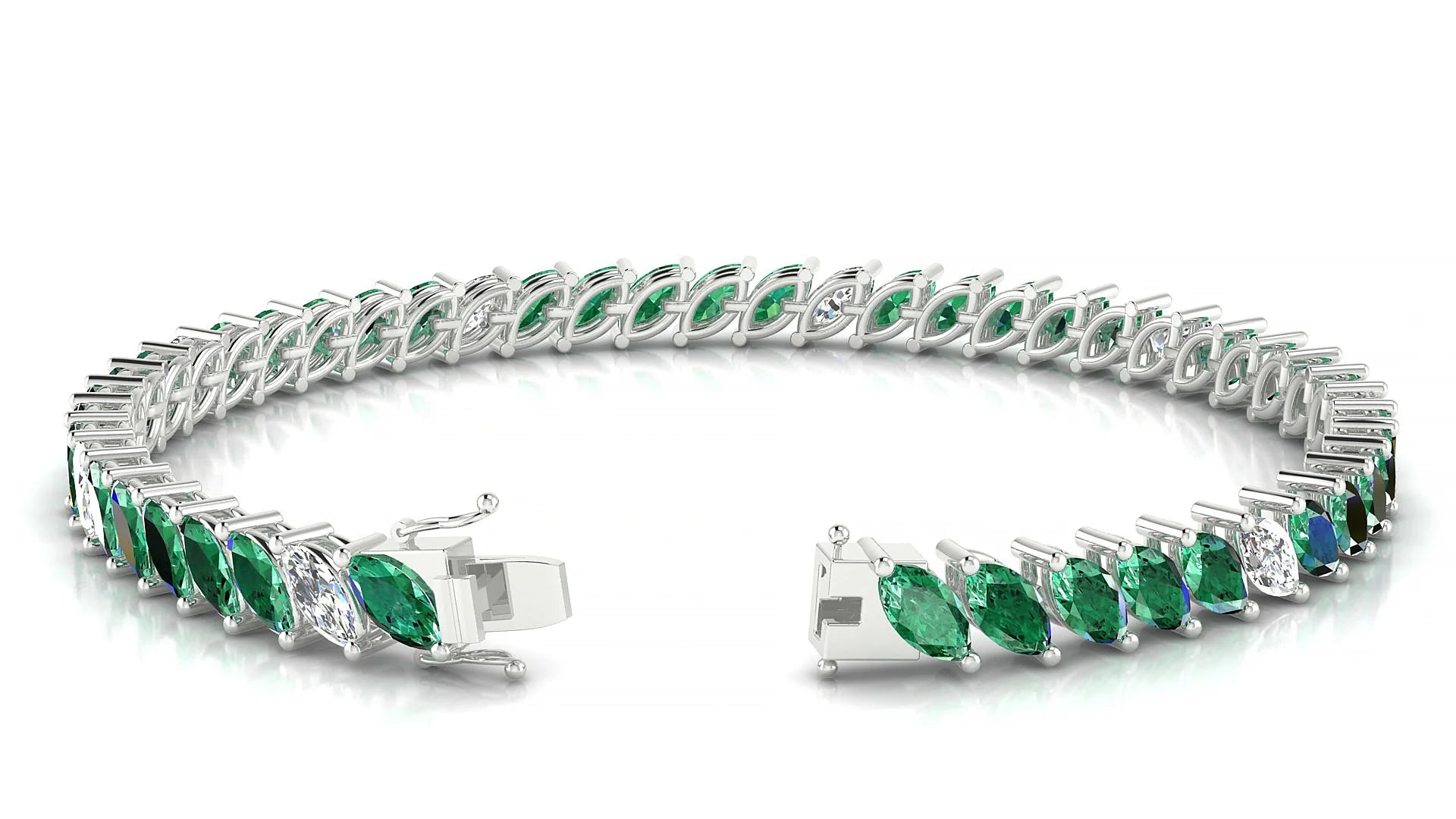 Venezia 5-1 | 18k White Gold 6 x 3 mm Marquise Natural Emerald & Diamond 18 cm Tennis Bracelet