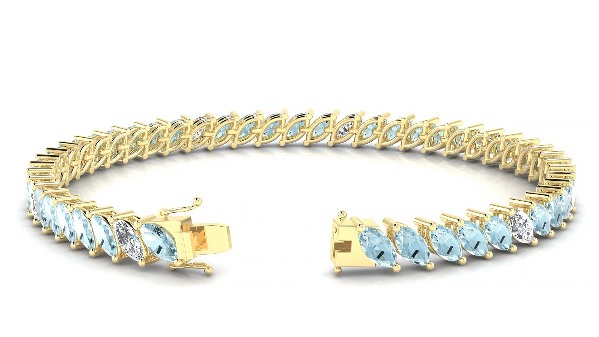Venezia 5-1 | 18k Yellow Gold 6 x 3 mm Marquise Natural Aquamarine & Diamond 15 cm Tennis Bracelet