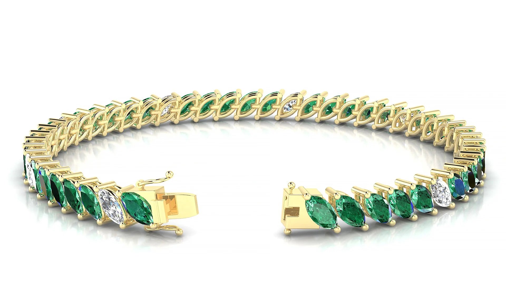 Venezia 5-1 | 18k Yellow Gold 6 x 3 mm Marquise Natural Emerald & Diamond 18 cm Tennis Bracelet