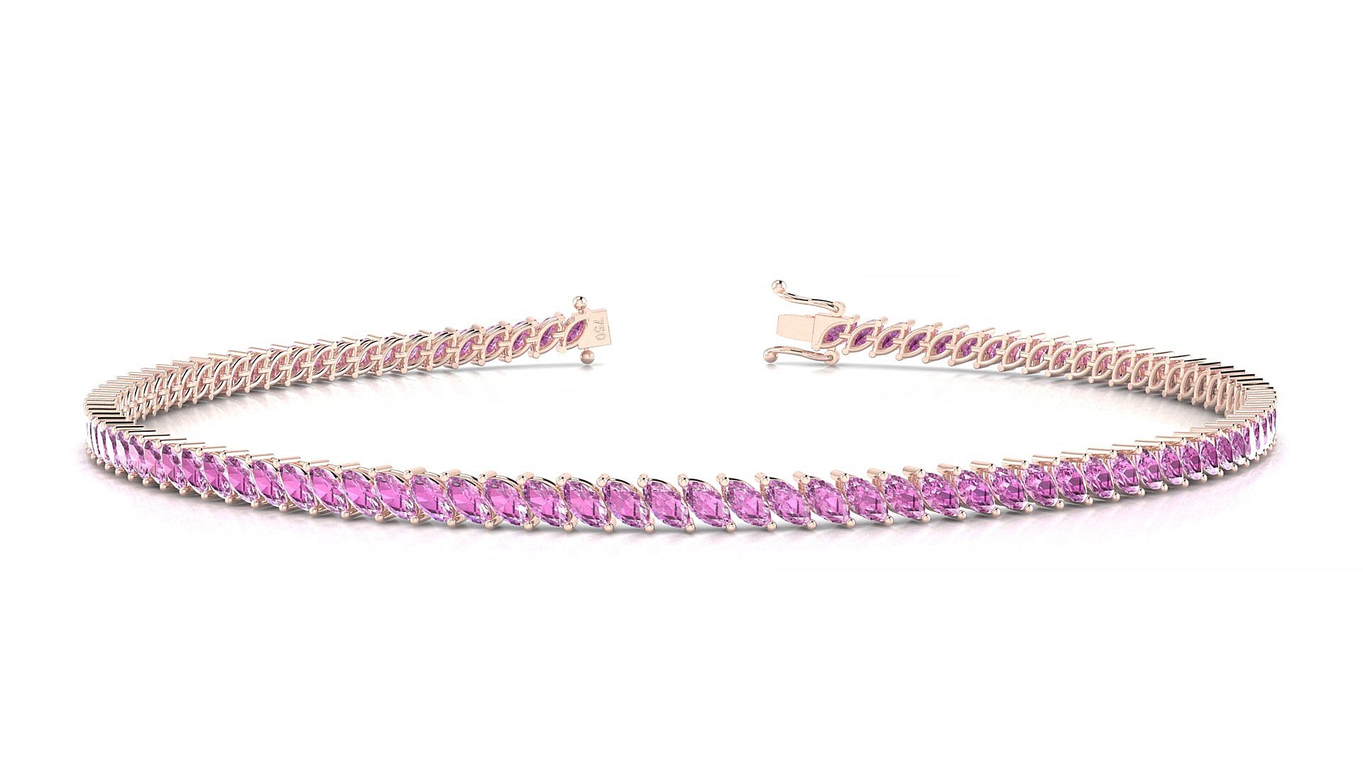 Venezia | 18k Rose Gold 3 x 1.5 mm Marquise Natural Pink Sapphire 19 cm Tennis Bracelet