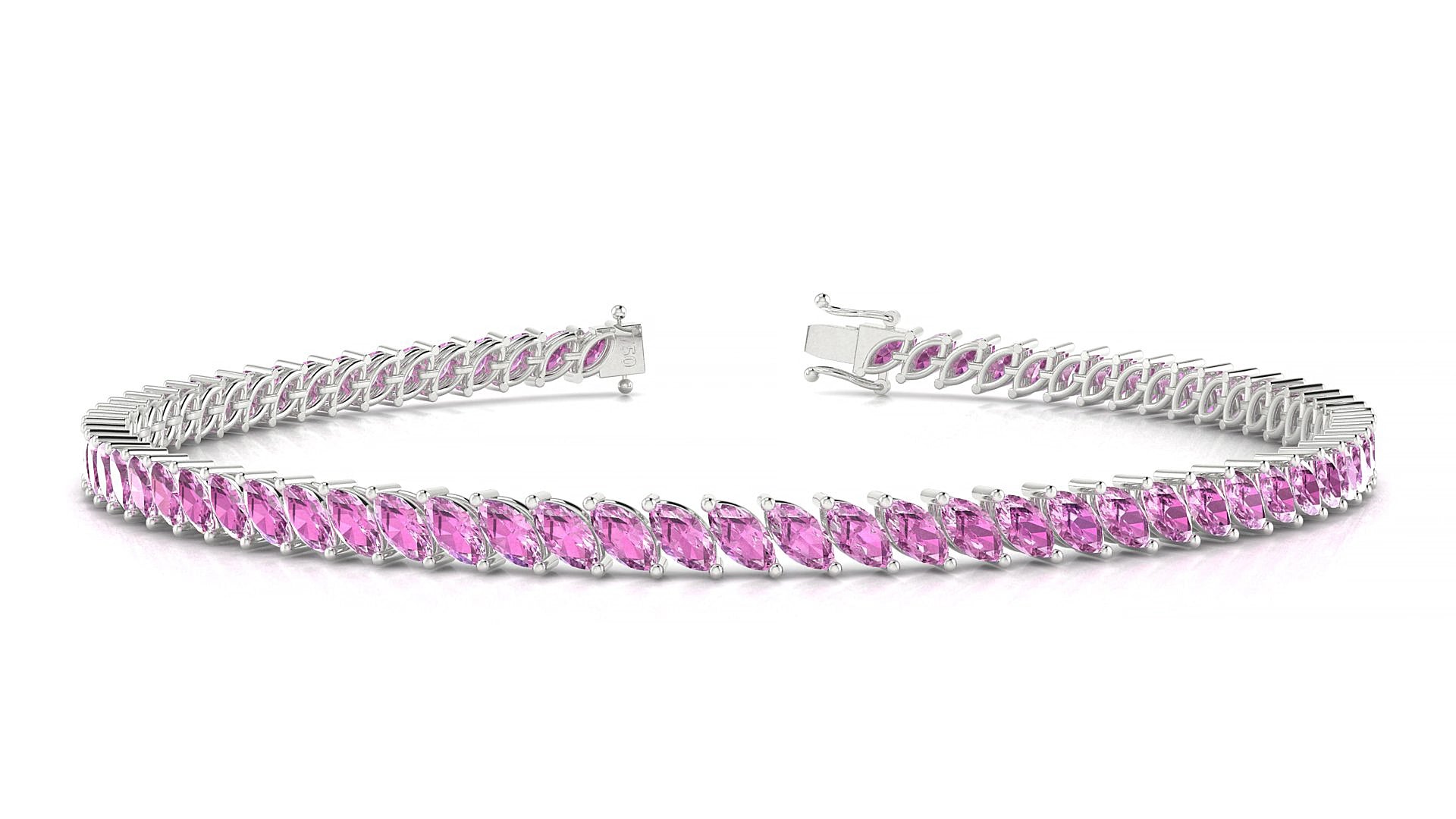 Venezia | 18k White Gold 4 x 2 mm Marquise Natural Pink Sapphire 19 cm Tennis Bracelet