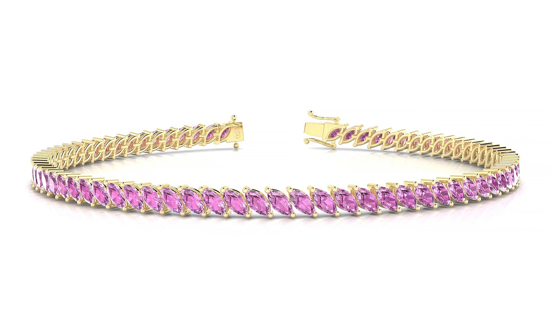 Venezia | 18k Yellow Gold 4 x 2 mm Marquise Natural Pink Sapphire 19 cm Tennis Bracelet