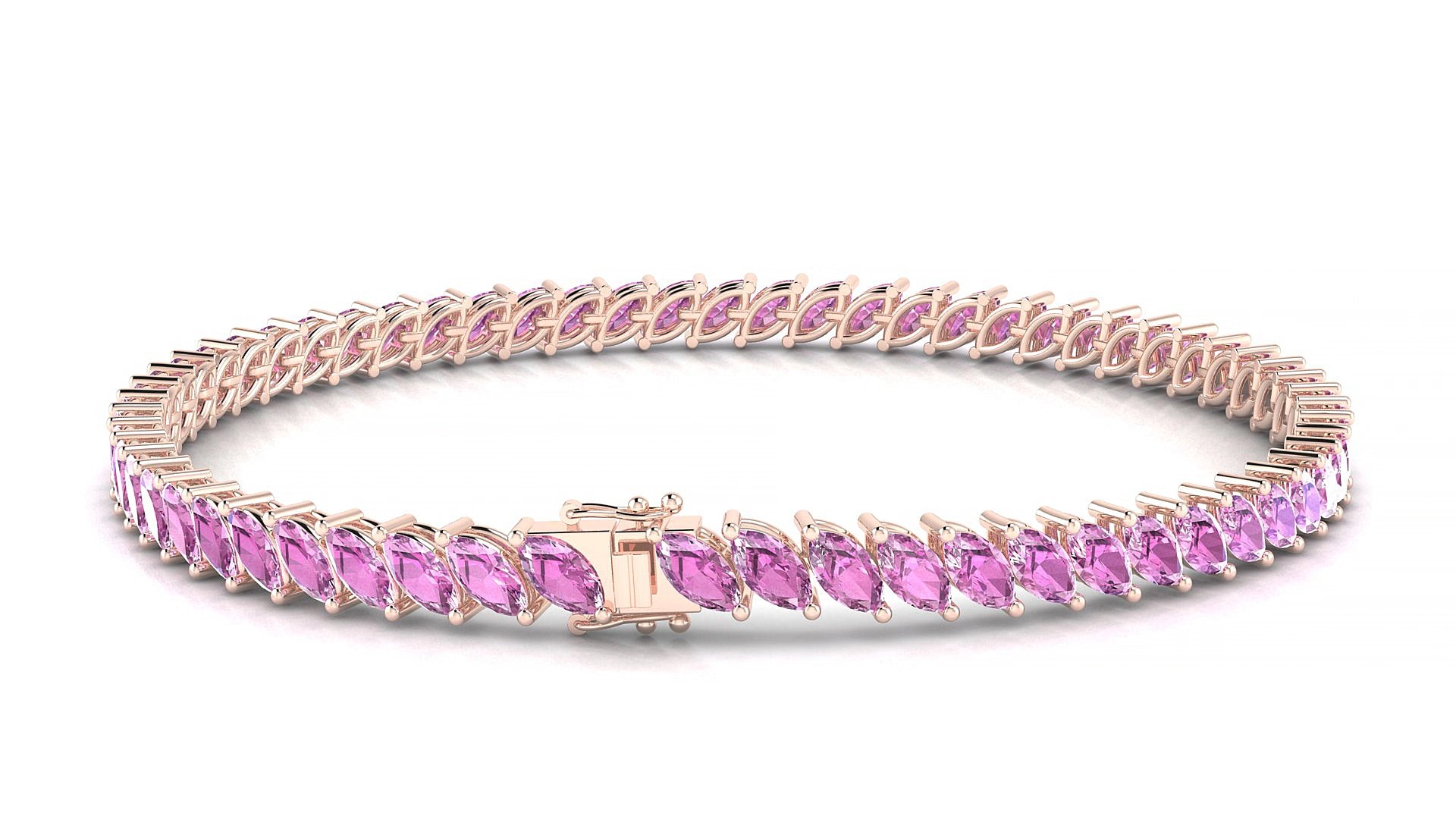 Venezia | 18k Rose Gold 5 x 2.5 mm Marquise Natural Pink Sapphire 15 cm Tennis Bracelet