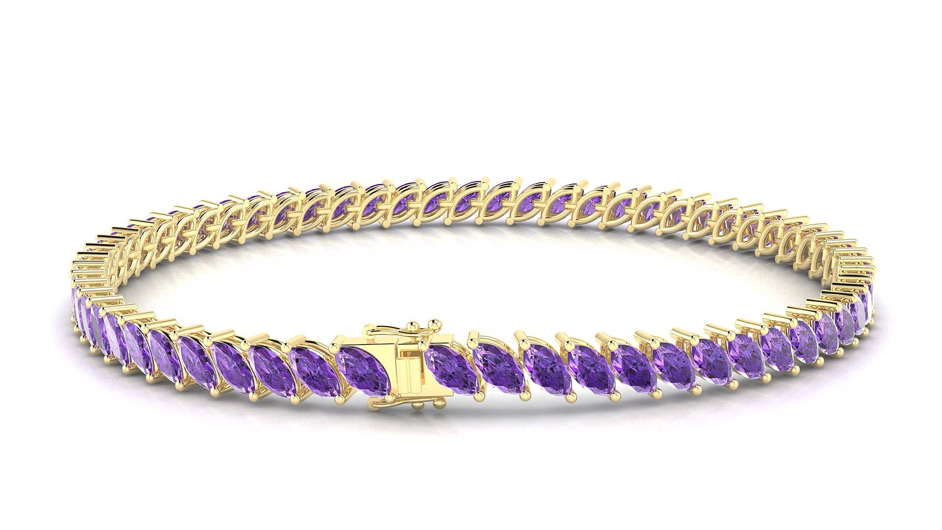 Venezia | 18k Yellow Gold 5 x 2.5 mm Marquise Natural Amethyst 19 cm Tennis Bracelet
