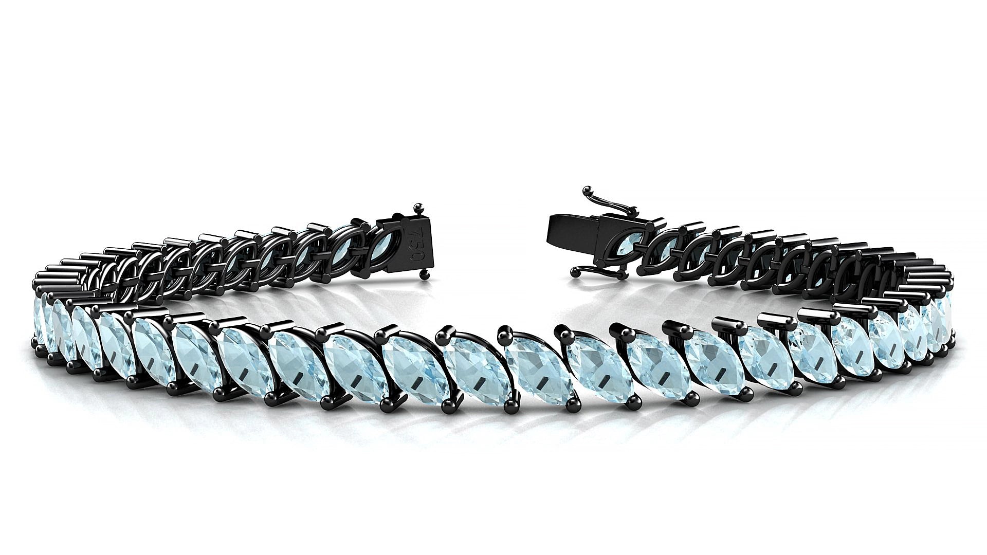 Venezia | 18k Black Gold 6 x 3 mm Marquise Natural Aquamarine 15 cm Tennis Bracelet