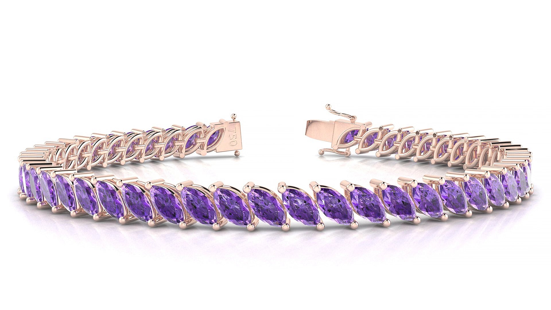 Venezia | 18k Rose Gold 6 x 3 mm Marquise Natural Amethyst 15 cm Tennis Bracelet