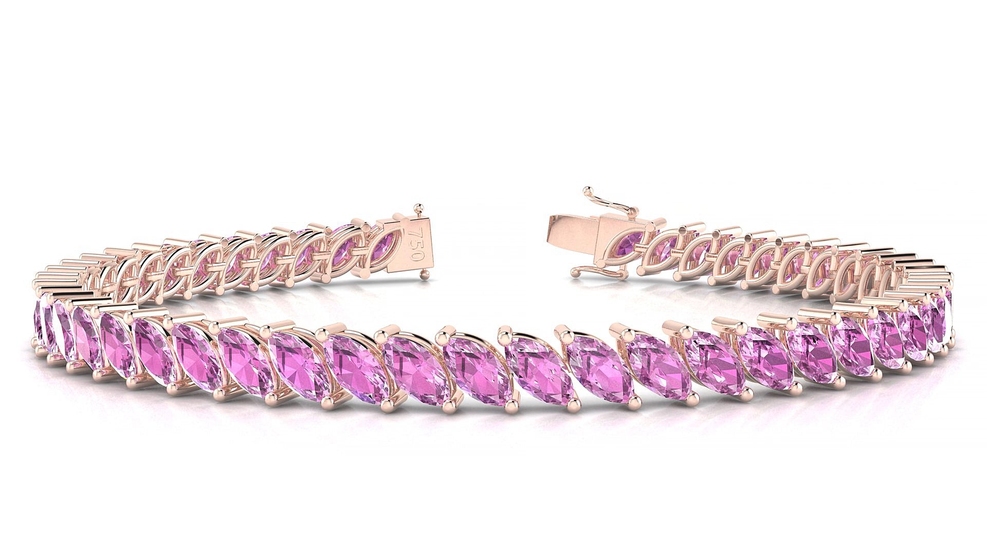 Venezia | 18k Rose Gold 6 x 3 mm Marquise Natural Pink Sapphire 15 cm Tennis Bracelet