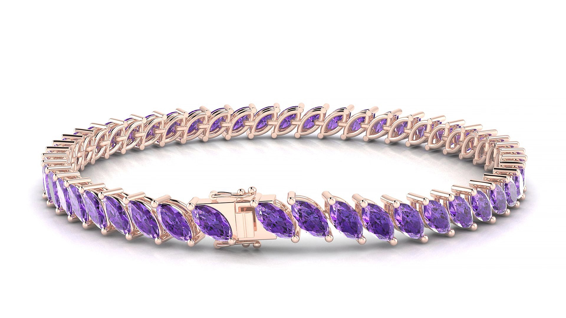 Venezia | 18k Rose Gold 6 x 3 mm Marquise Natural Amethyst 15 cm Tennis Bracelet