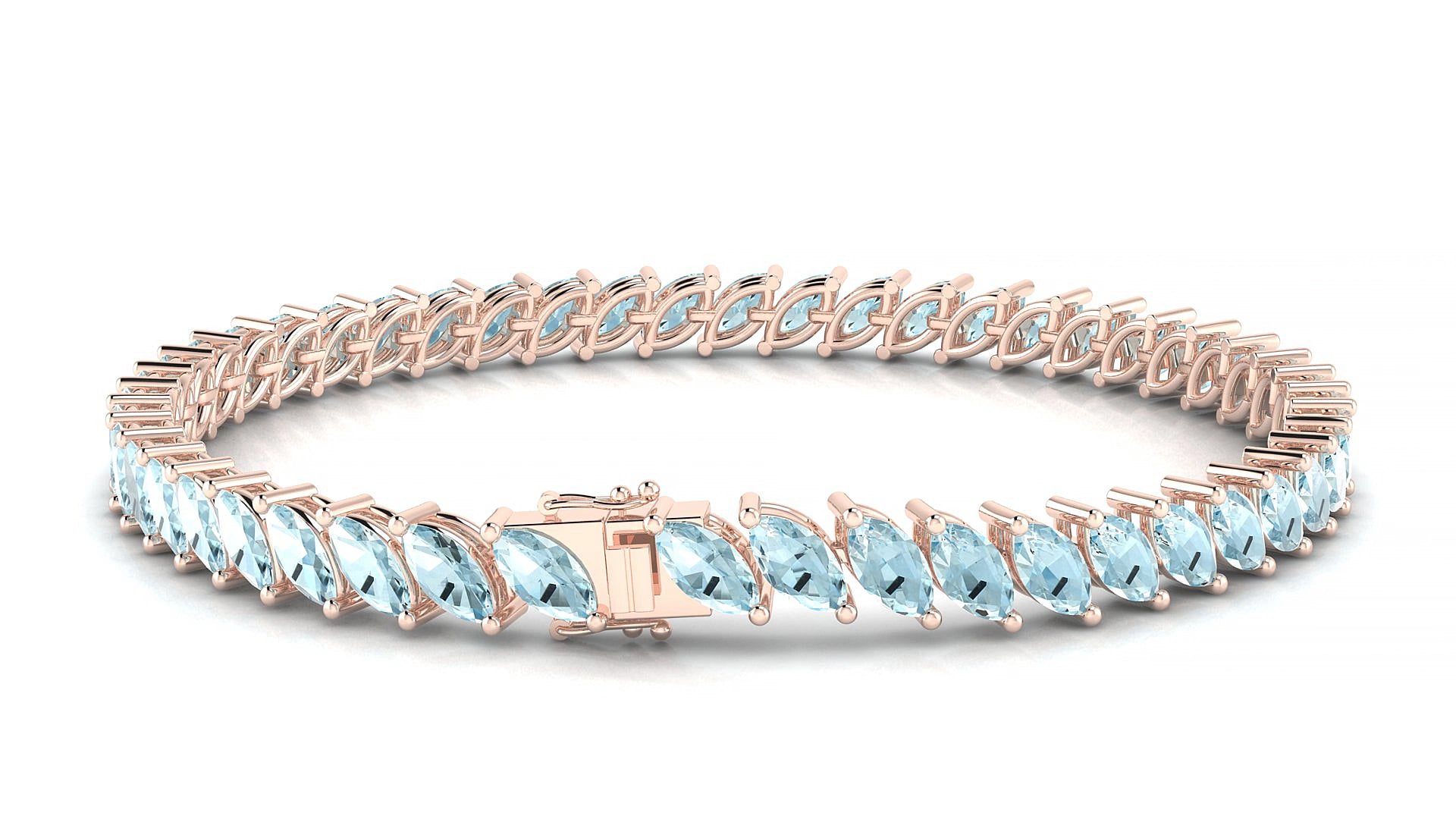 Venezia | 18k Rose Gold 6 x 3 mm Marquise Natural Aquamarine 15 cm Tennis Bracelet
